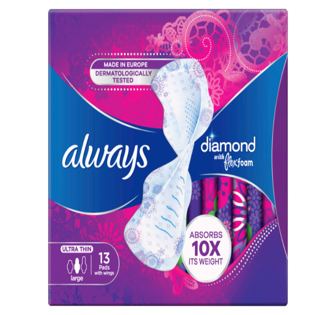 فوط صحية كبيرة الحجم من Always Diamond FlexFoam بأجنحة، 13 قطعة