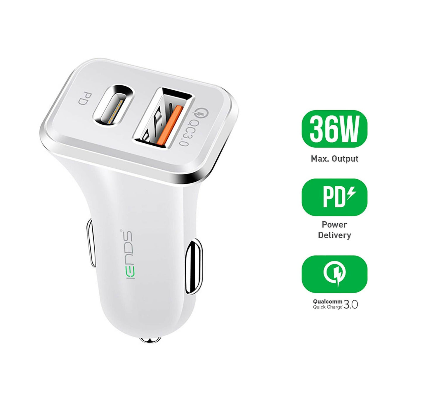 Iends Car Charger with Dual Ports (Type-C and USB)AD657, White