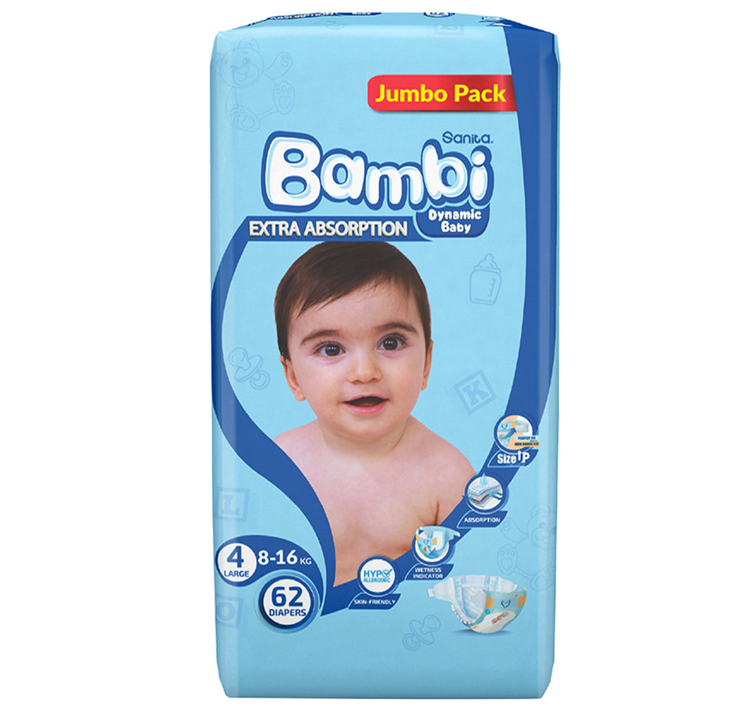 Sanita Bambi Baby Diaper Jumbo Pack Size 4 Large 8-16 kg 62 pcs