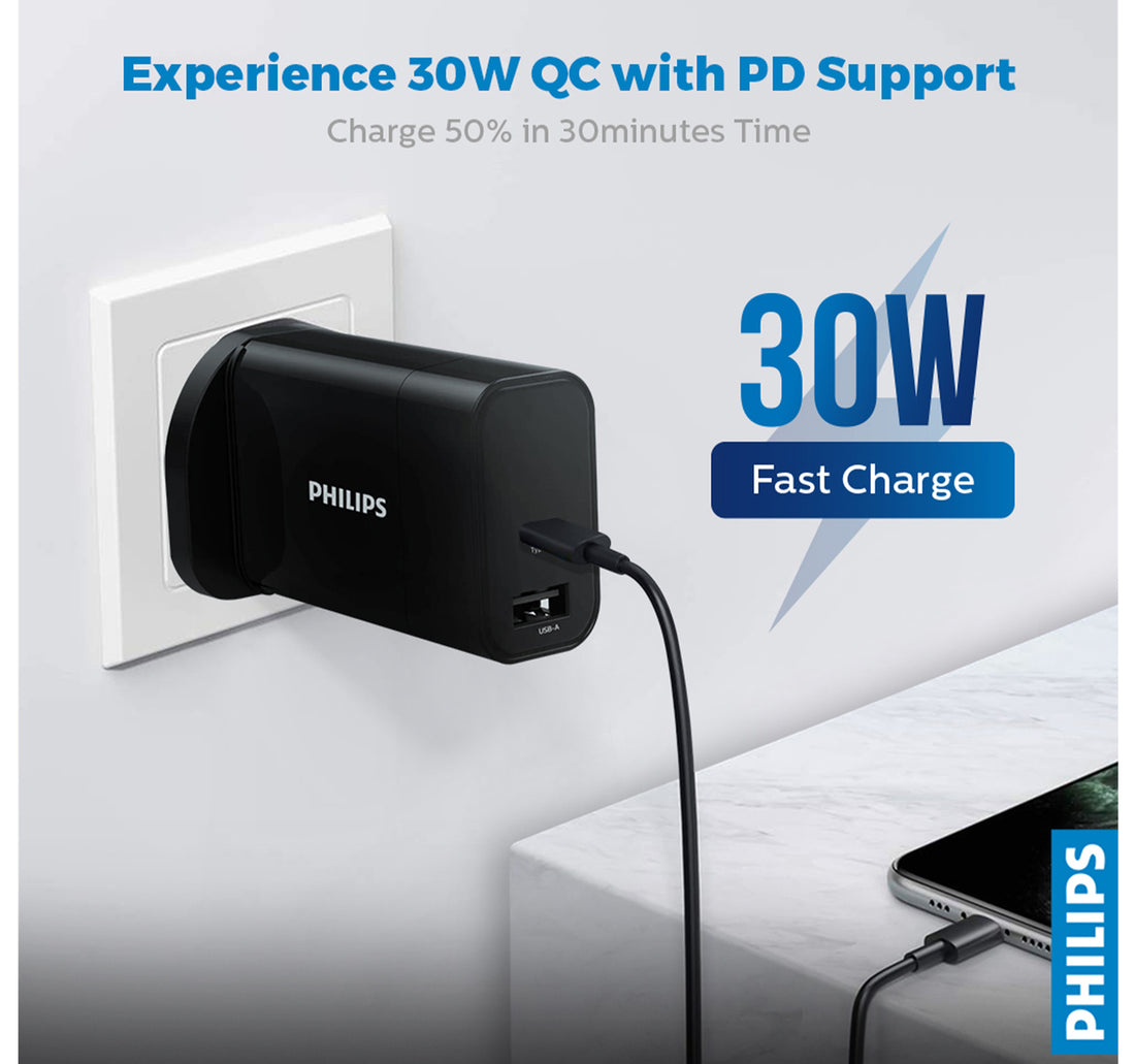 Philips 30W PD+QC Wall Charger, Black -DLP2621/05