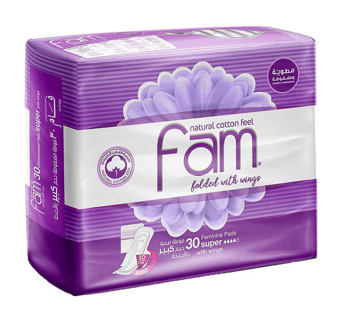 Fam Natural Cotton Feel Feminine Pads Super With Wings 30 pcs