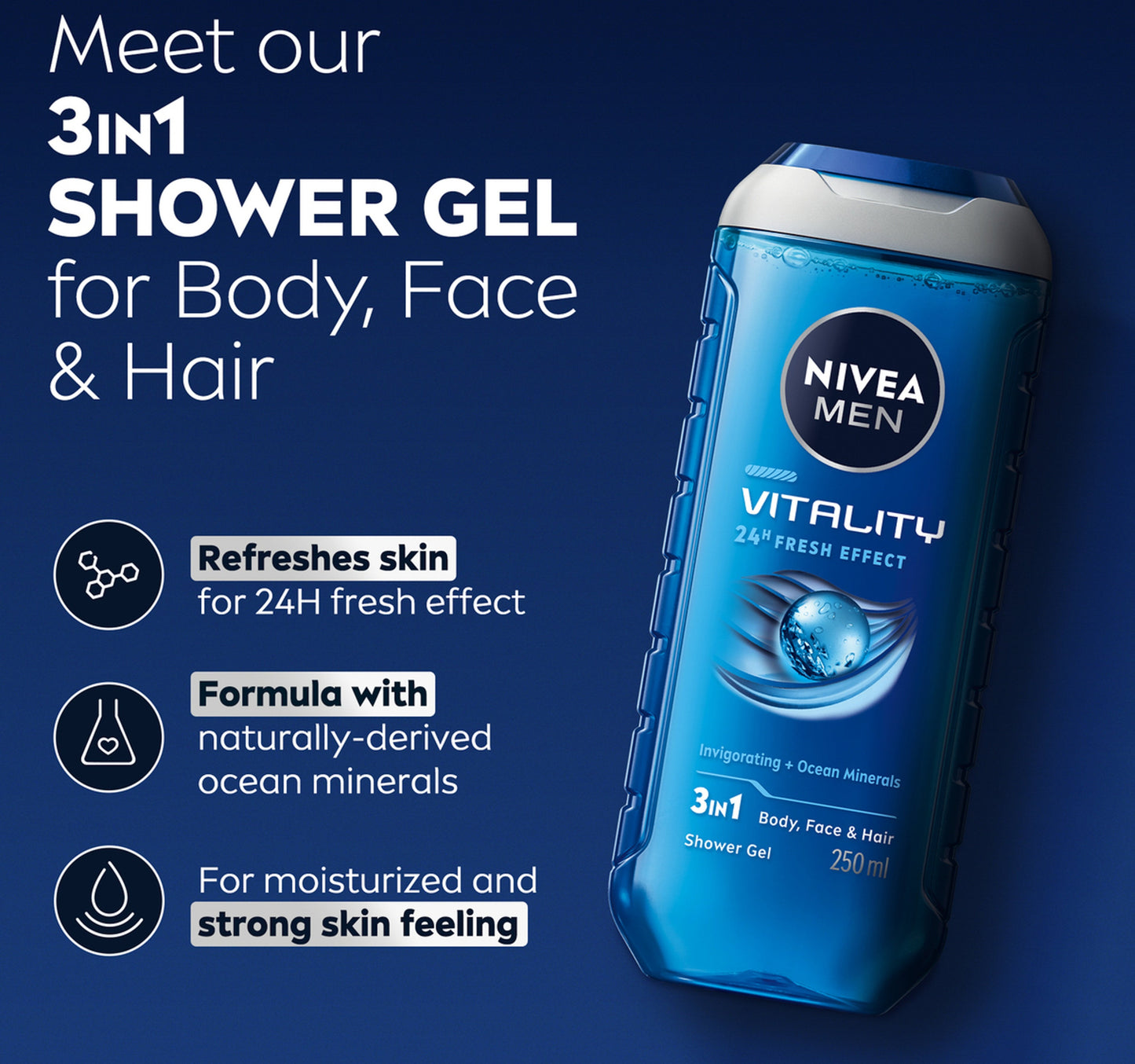 Nivea Men Vitality Fresh Shower Gel 3in1 Body Wash 250 ml