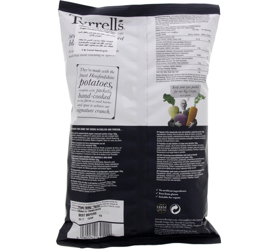 Tyrrells Seasalt & Black Pepper Hand Cooked English Crisps 150 g