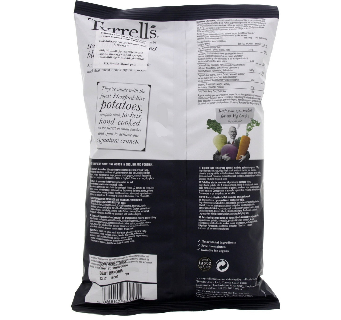 Tyrrells Seasalt & Black Pepper Hand Cooked English Crisps 150 g