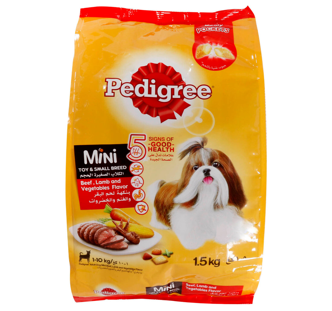 طعام جاف للكلاب من سلالة بيدجري الصغيرة بنكهة لحم البقر ولحم الضأن والخضروات (للبالغين) 1.5 كجم