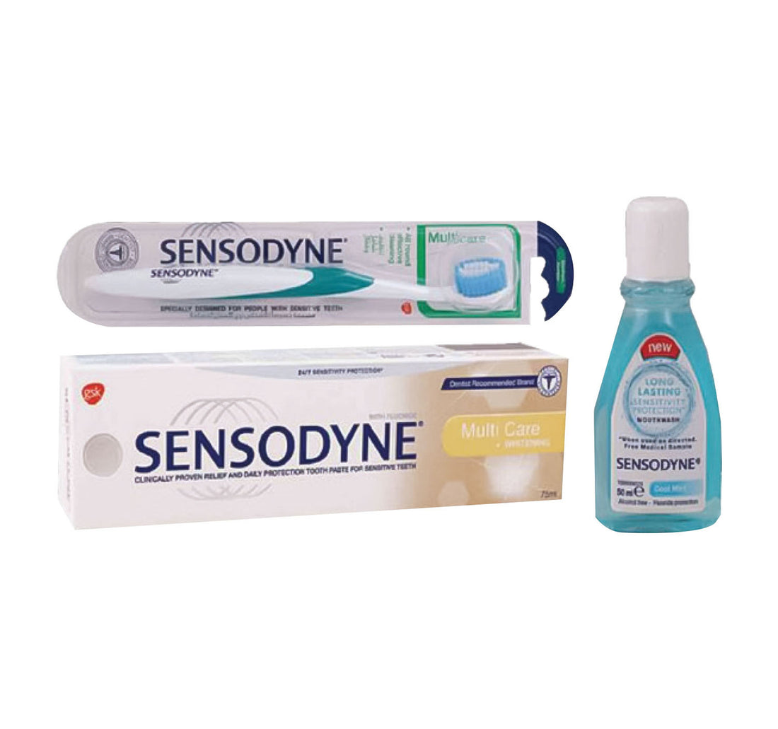 معجون أسنان سنسوداين للعناية المتعددة 75 مل + فرشاة أسنان + غسول فم 50 مل