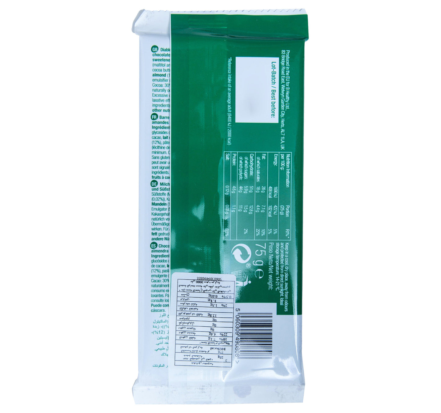 Diablo No Added Sugar Milk Chocolate With Almonds 75 g