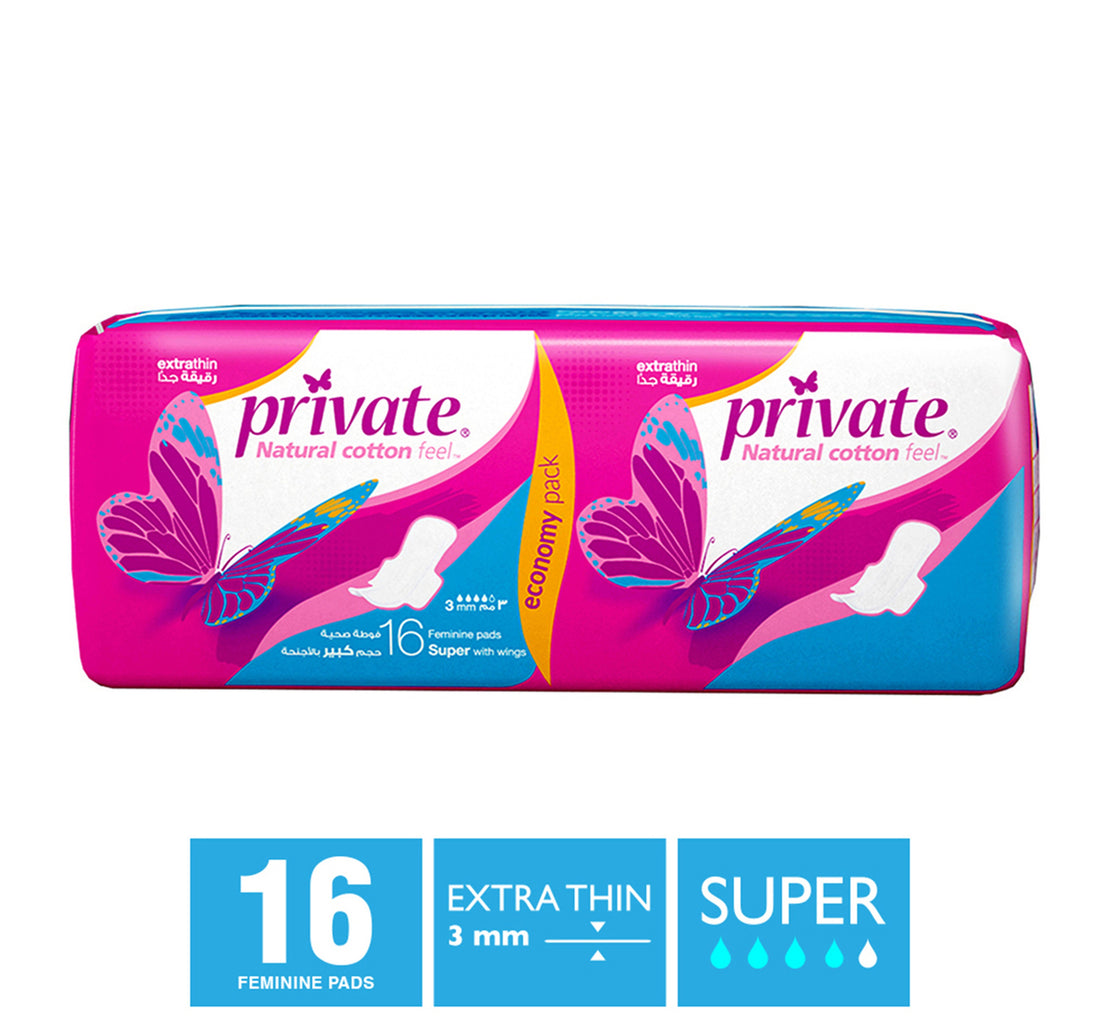 Private Natural Cotton Feel Extra Thin Super Sanitary Pads 16 pcs