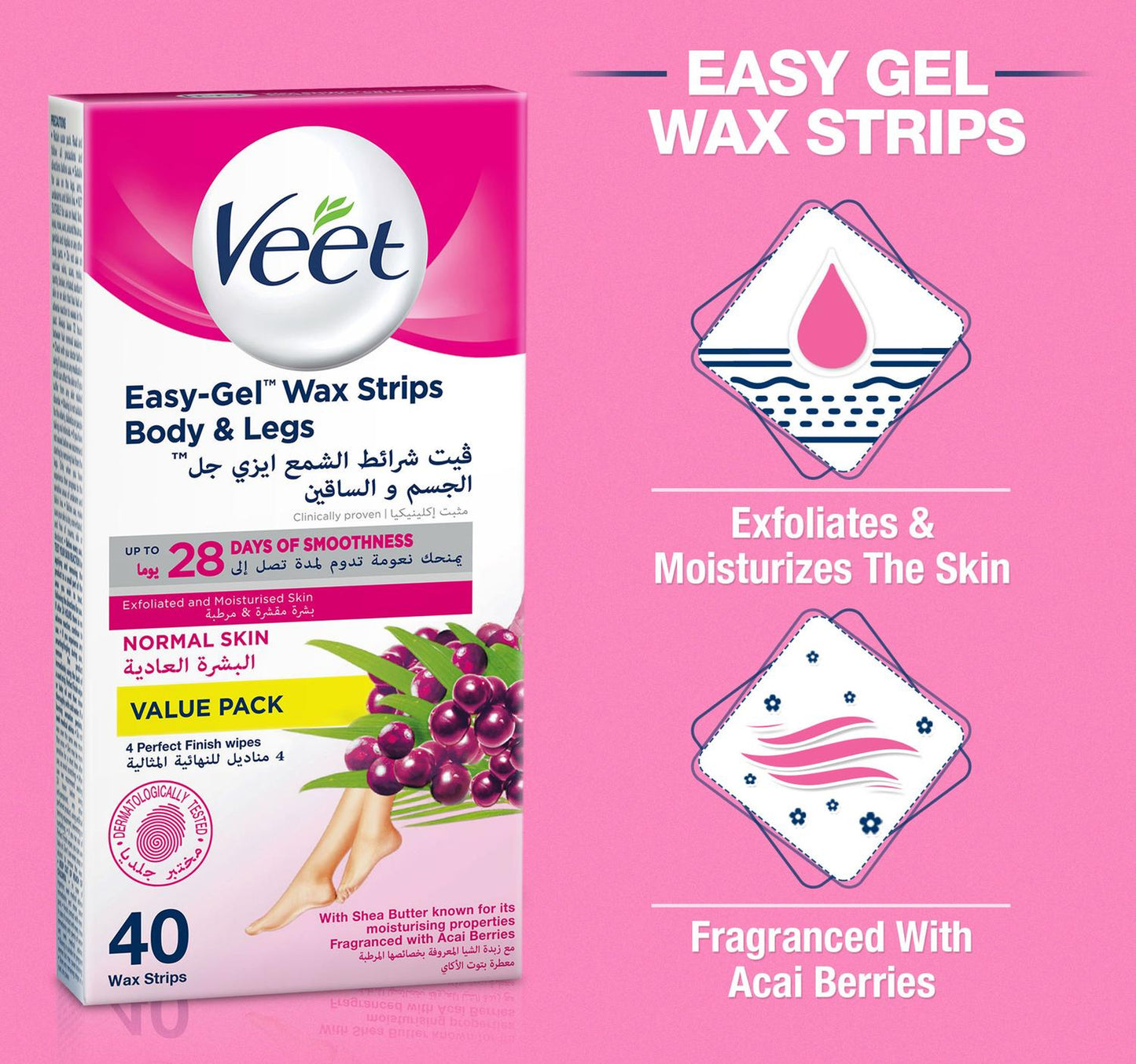 Veet Professional Hair Removal Easy-Gel Legs & Body Wax Strips with Shea Butter for Normal Skin 40 pcs