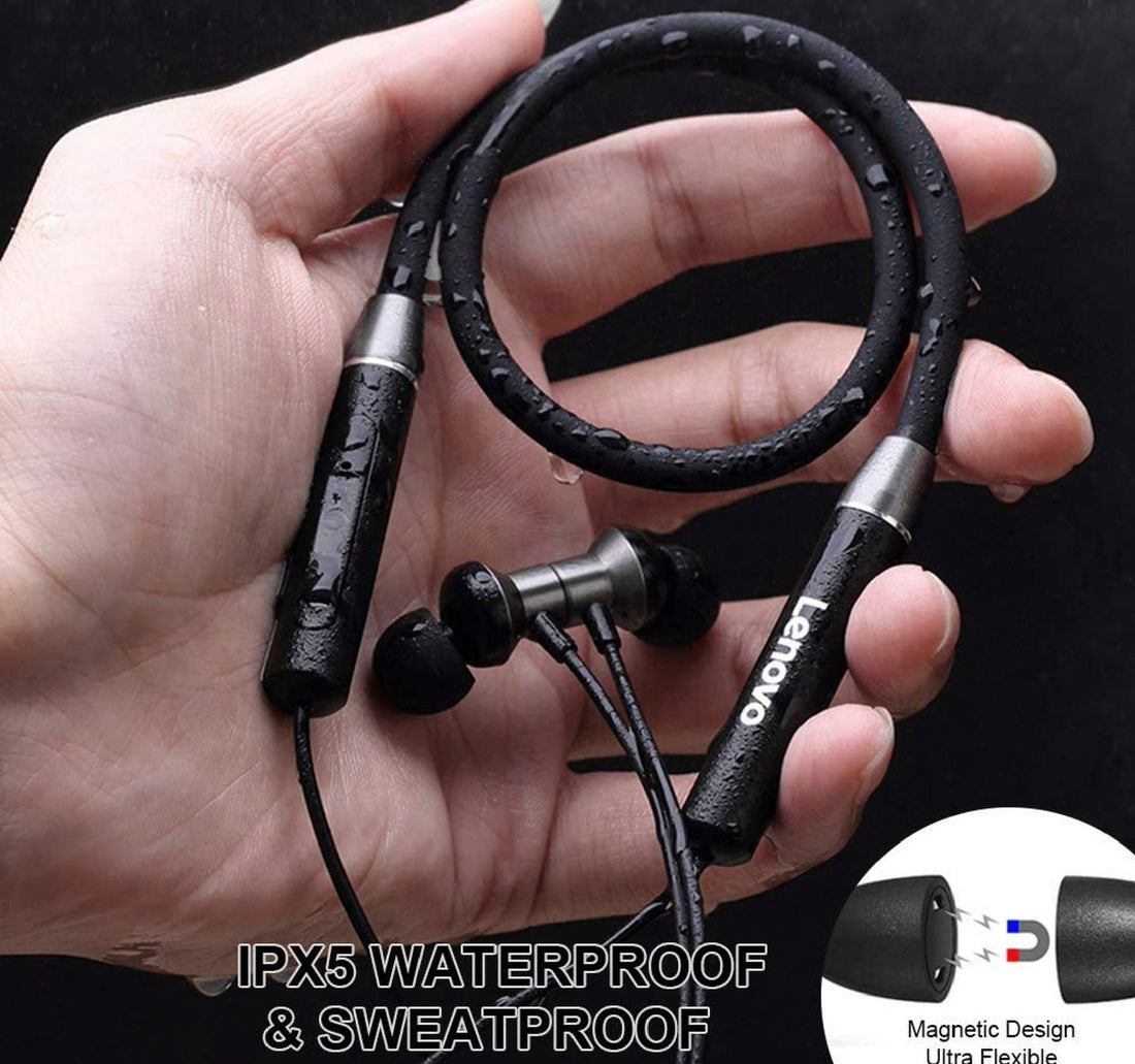 Lenovo Bluetooth Wireless Neckband Earphone Sports Earbuds HE05, Black