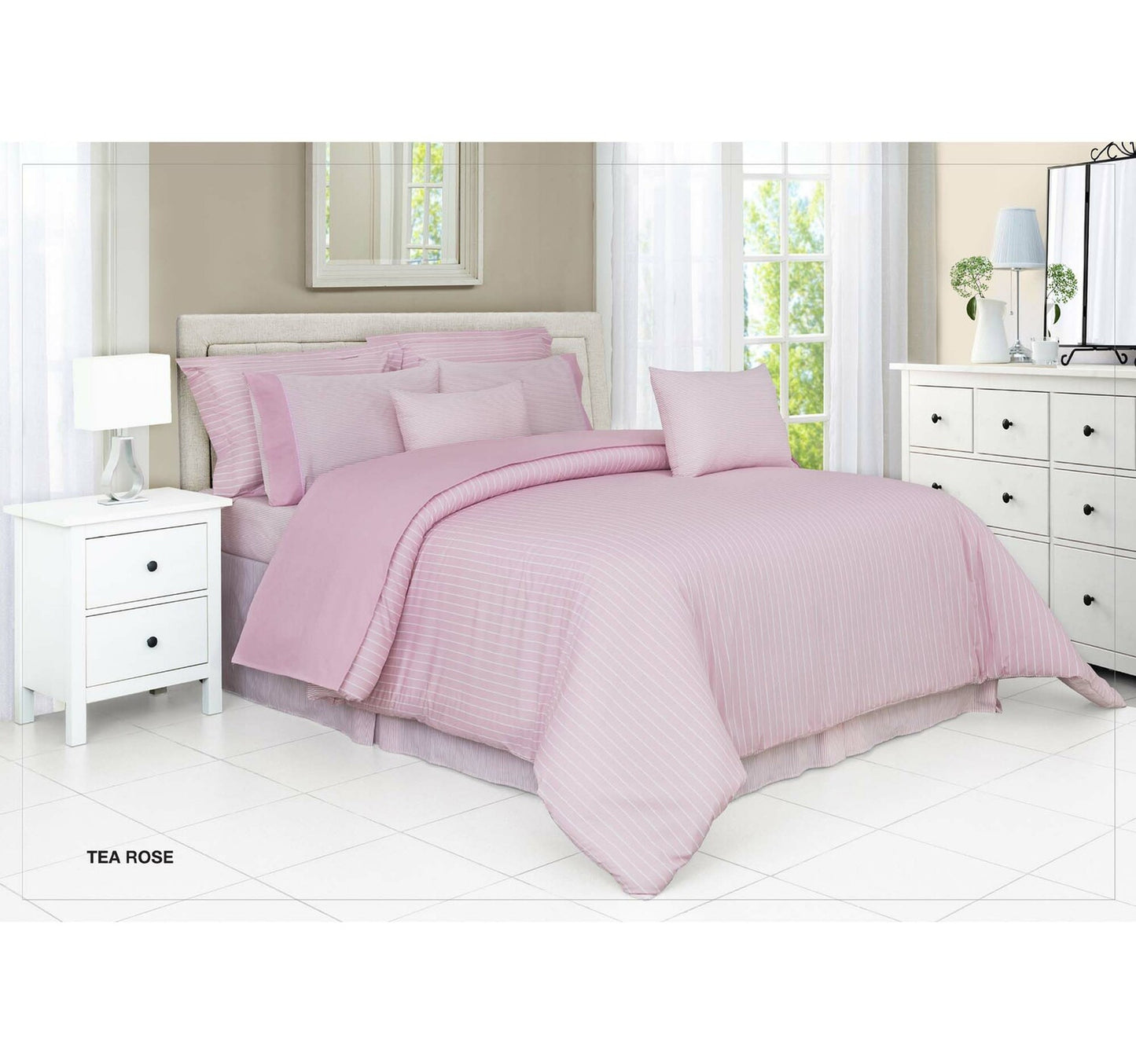 Cannon Solid Striped Collection 100% Cotton Fitted Sheet 152x200cm 144 Thread Count Tea Rose