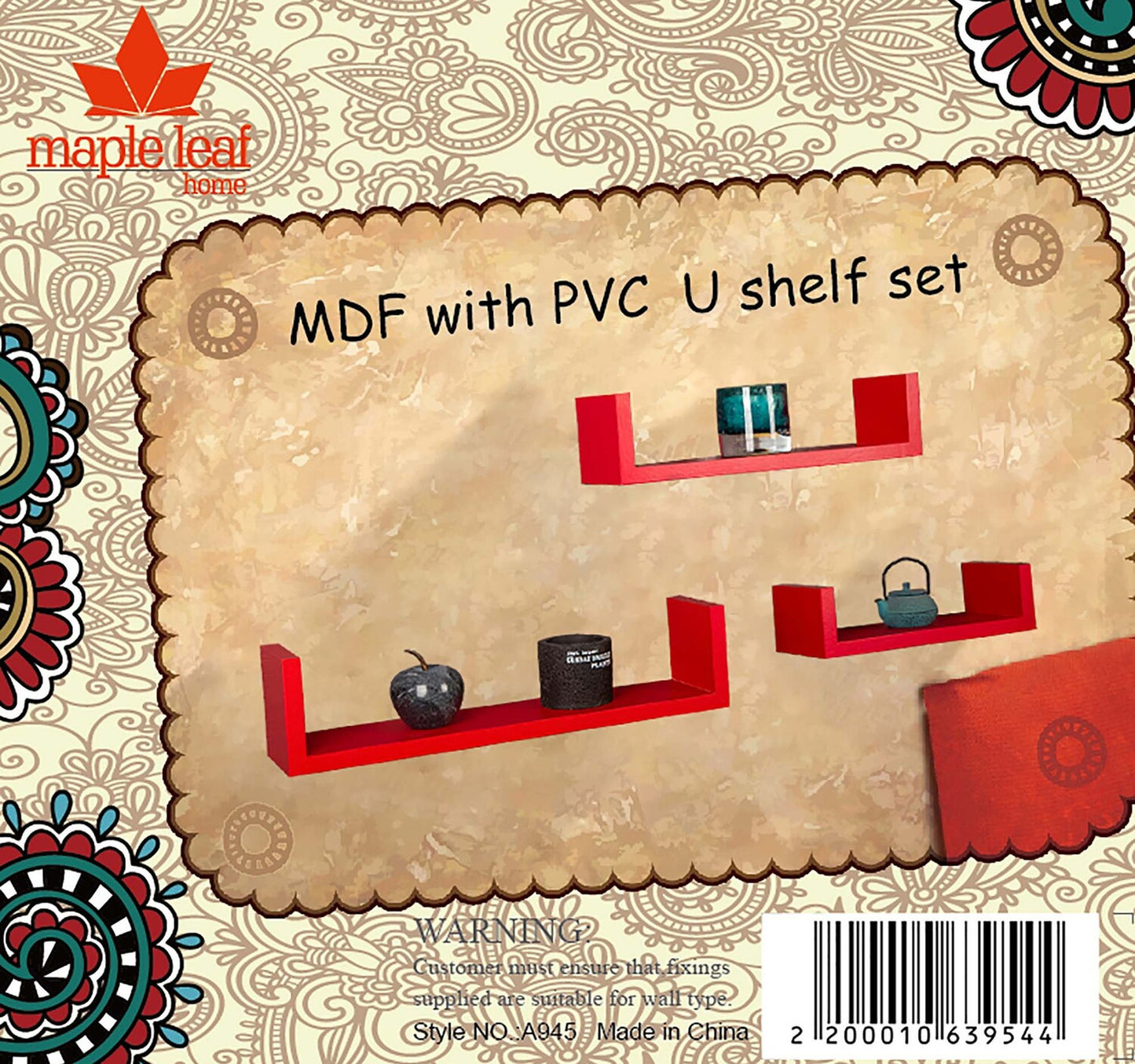 Maple Leaf Home MDF Wood With PVC U Shape Wall Shelf, Red, A945S