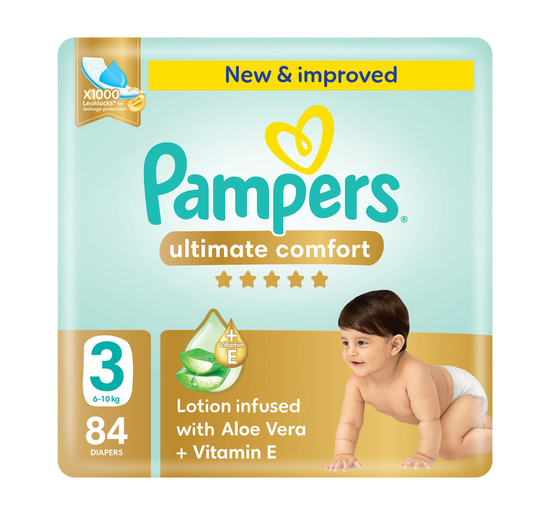 حفاضات بامبرز ألتيميت كومفورت بشريط لاصق، مقاس 3، 6-10 كجم، عبوة عملاقة، 84 قطعة