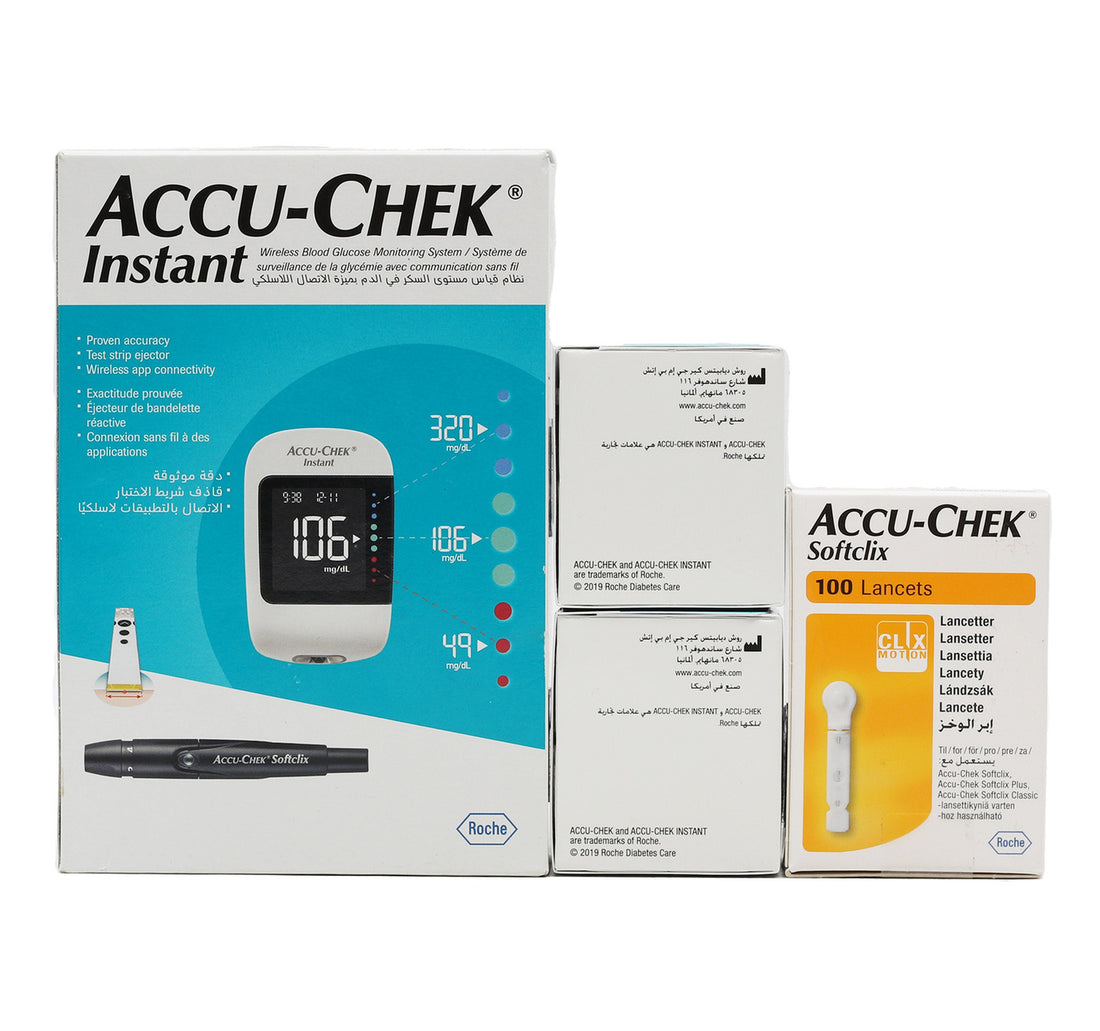 Accu Chek Glucose Monitor Instant + Test Strips 50pcs x 2 + Lancets 100