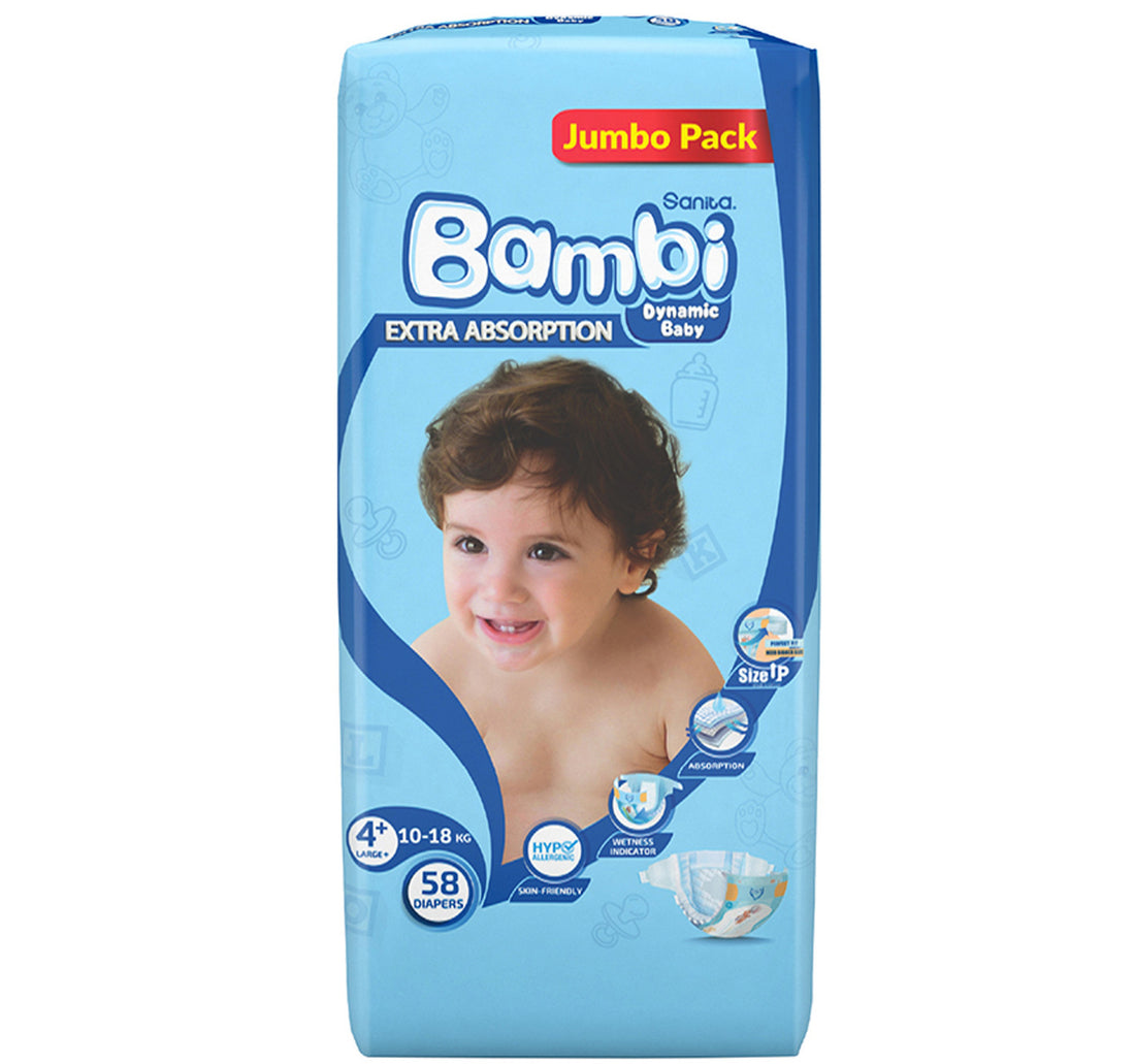 Sanita Bambi Baby Diaper Jumbo Pack Size 4+ Large Plus 10-18 kg 58 pcs