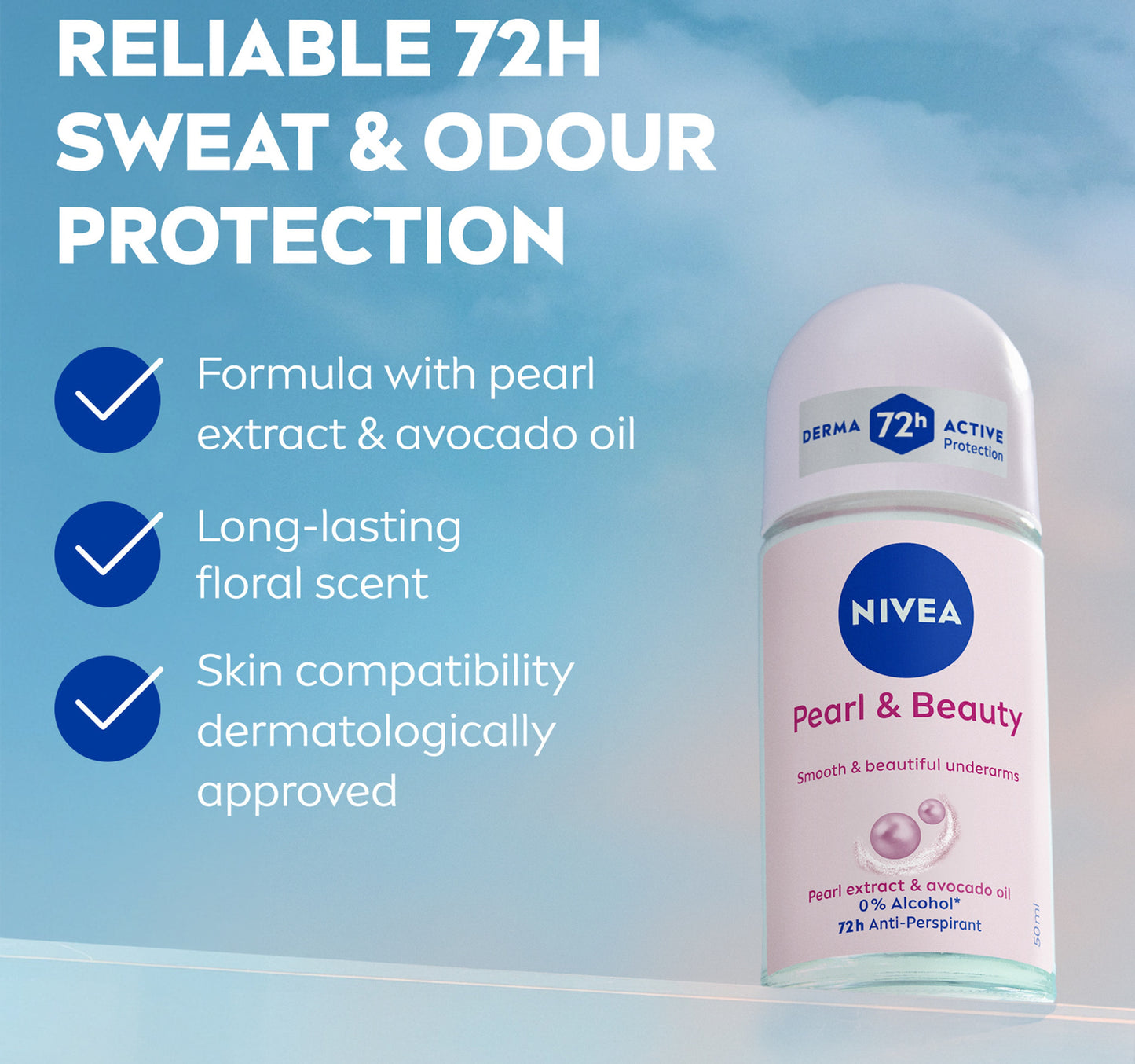 Nivea Pearl & Beauty Antiperspirant Deodorant for Women 72H Active Protection with Pearl Extract and Avocado Oil Roll-on 50 ml