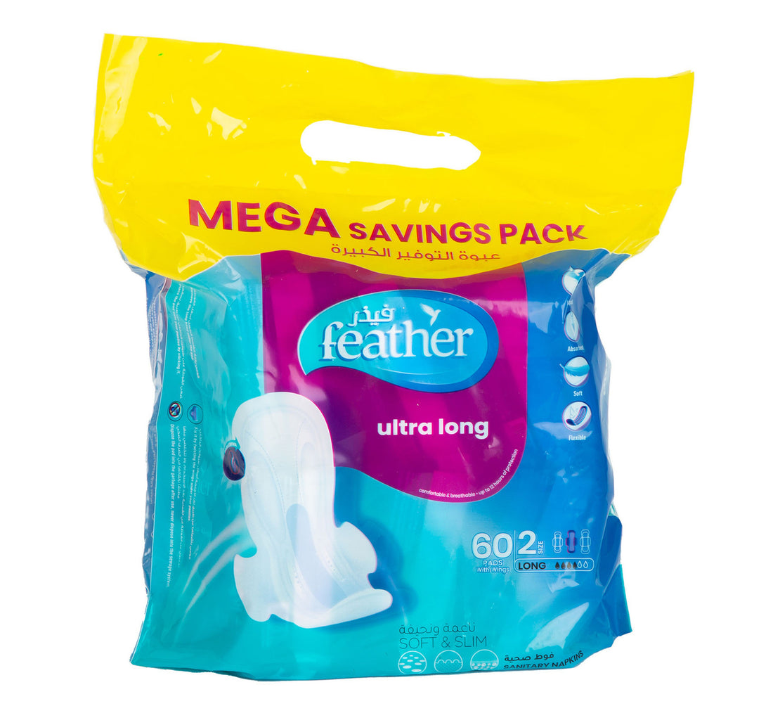 فوط صحية طويلة للغاية بأجنحة من فيذر، 60 قطعة