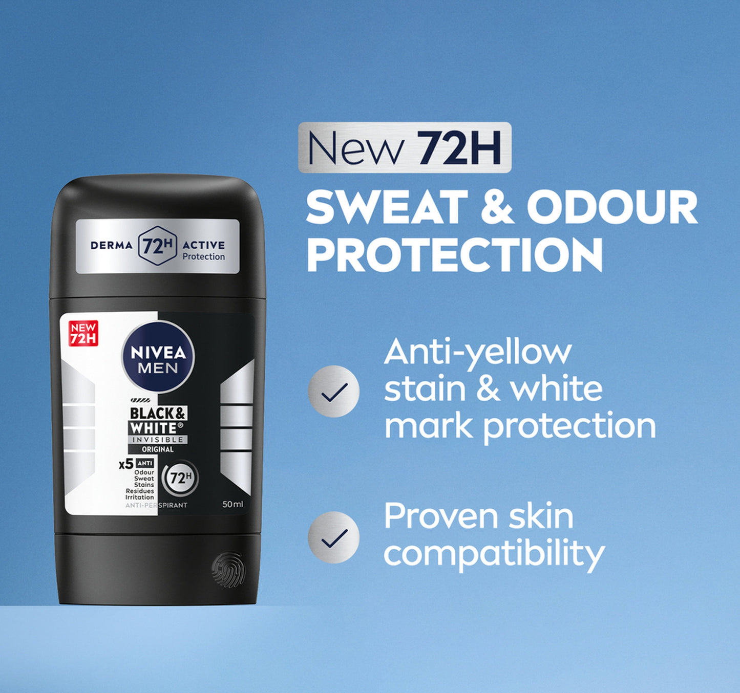 Nivea Men Black & White Invisible Antiperspirant Deodorant Stick Original 72H Active Protection 50 ml