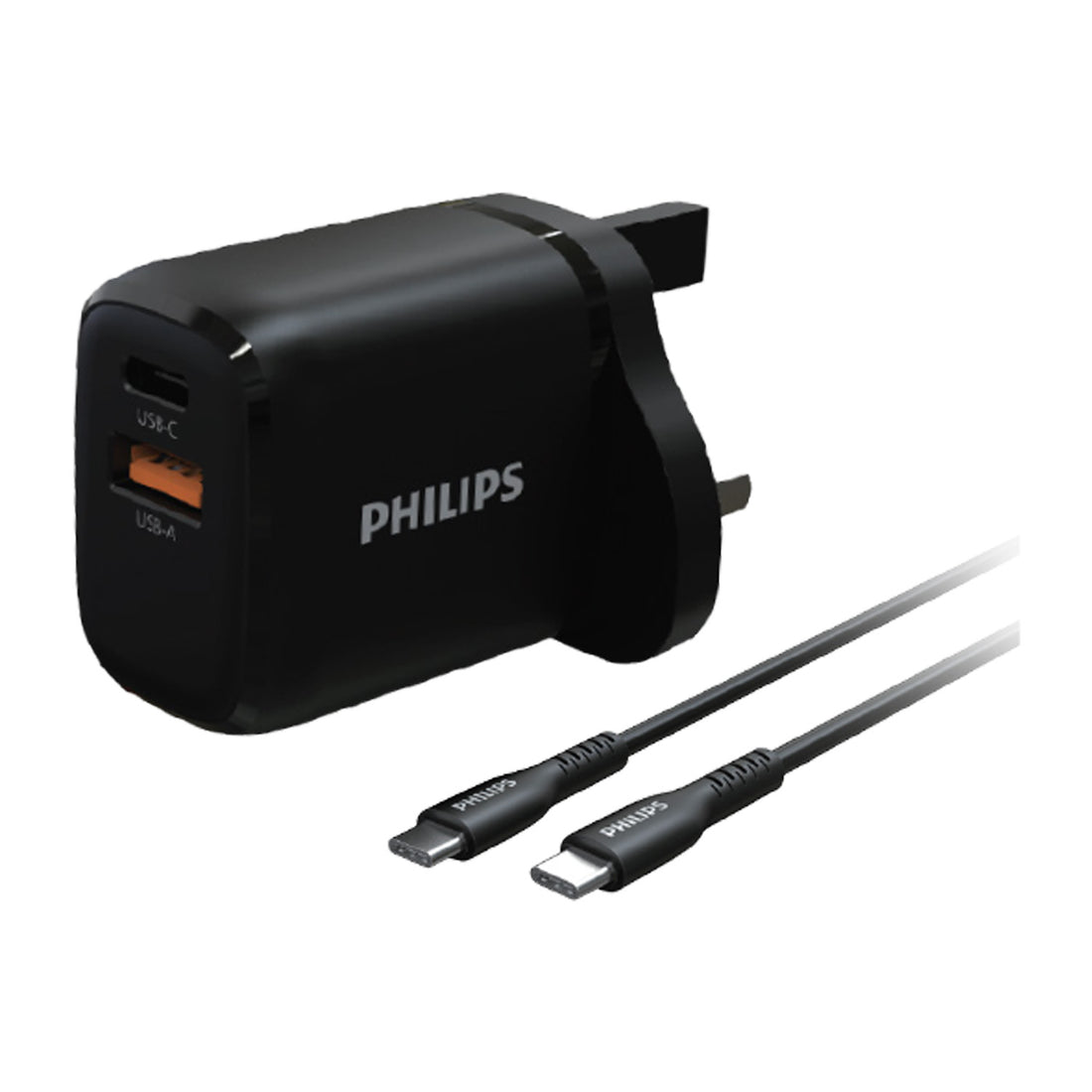 Philips 2 Port Travel Charger with Type-C to C Cable, 25W, Black, DLP2561DB/97