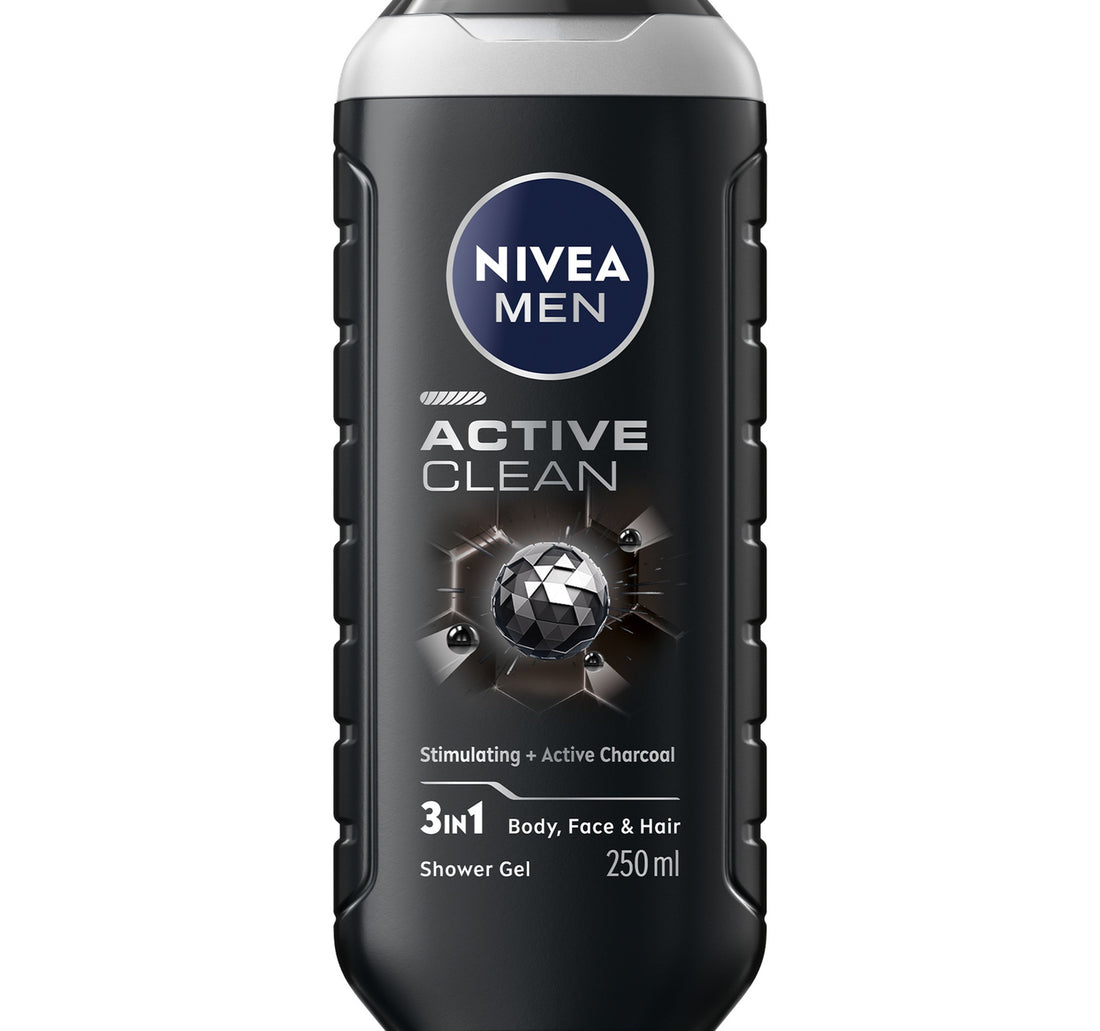 Nivea Men Active Clean 3in1 Shower Gel Cleans Body Face and Hair with Active Charcoal for Purified and Stimulating Skin for All Skin Types 250 ml
