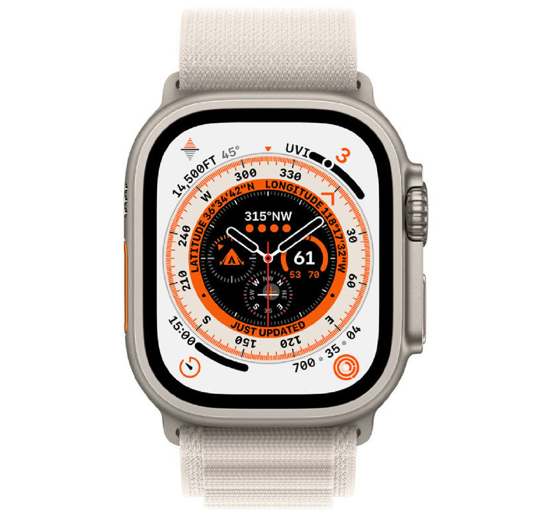 Apple Watch Ultra GPS + Cellular Smartwatch, 49 mm Titanium Case with Starlight Alpine Loop, Small Band Size, MQFQ3