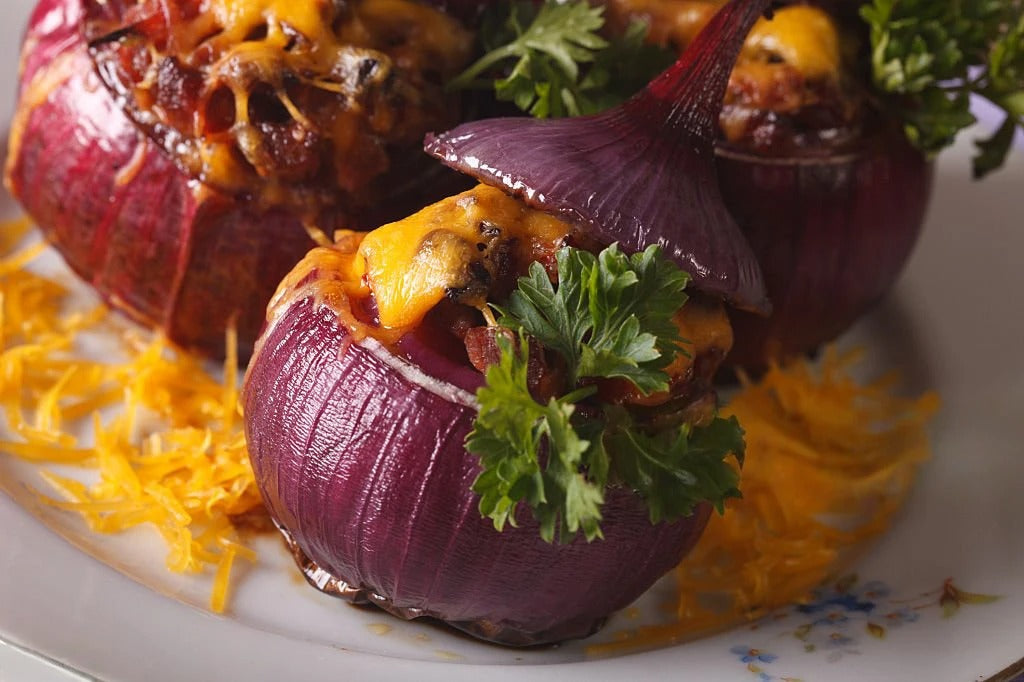 Baked Red Onion Stuffed with Meat and Cheese