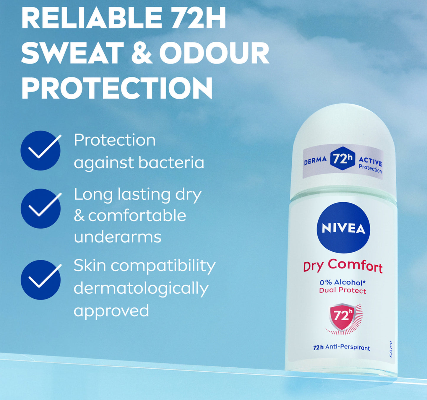 Nivea Dry Comfort Antiperspirant Roll-On for Women 72H Odour Control 50 ml