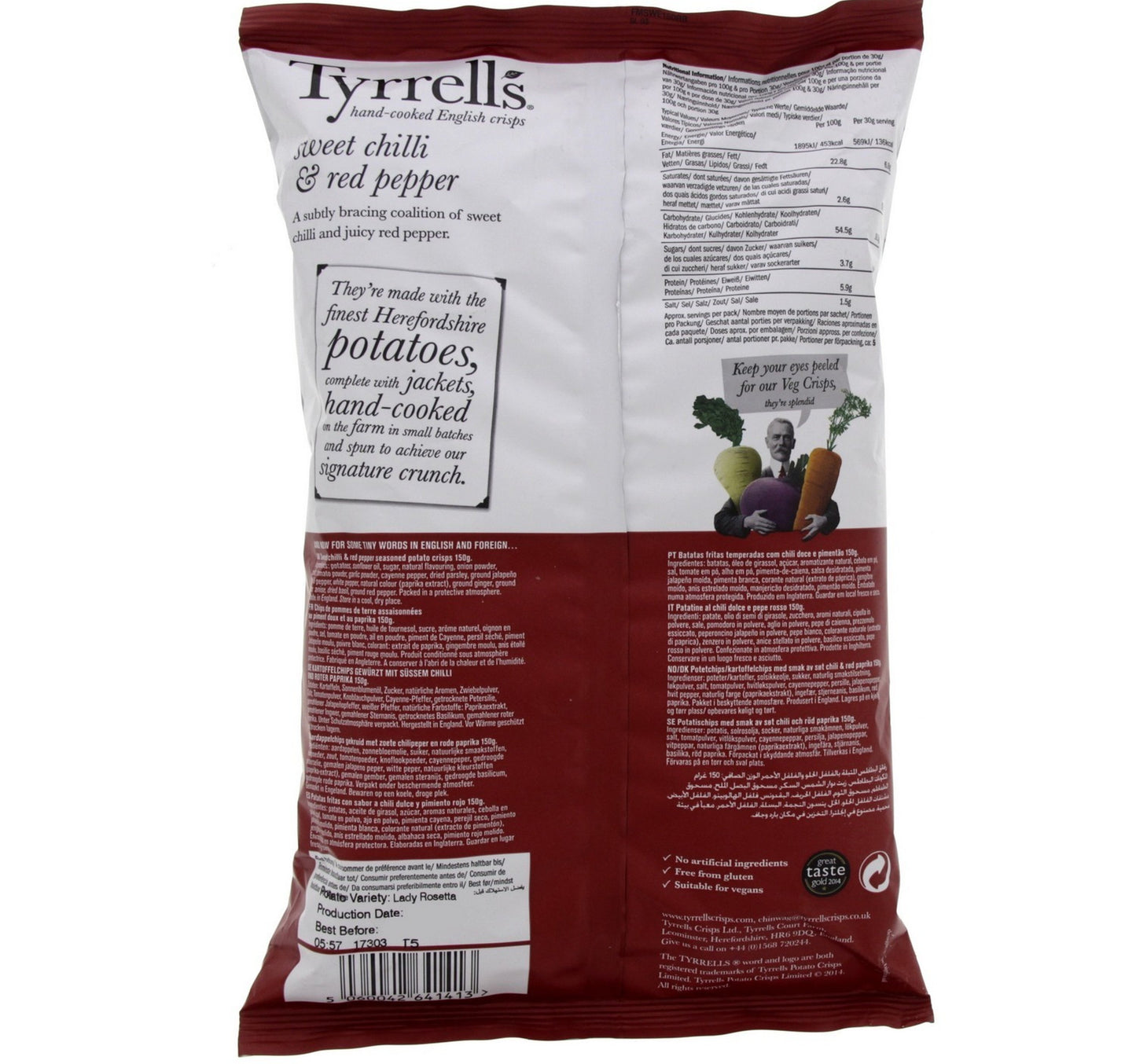 Tyrrells Sweet Chilli & Red Pepper Hand Cooked English Crisps 150 g