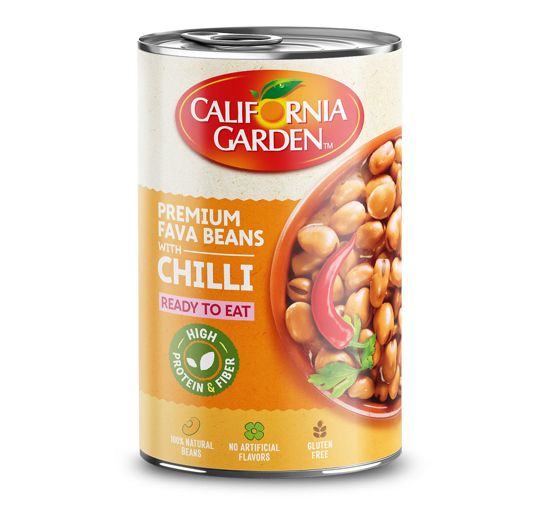 فول مدمس مقشر معلب من حدائق كاليفورنيا مع الفلفل الحار 450 غرام