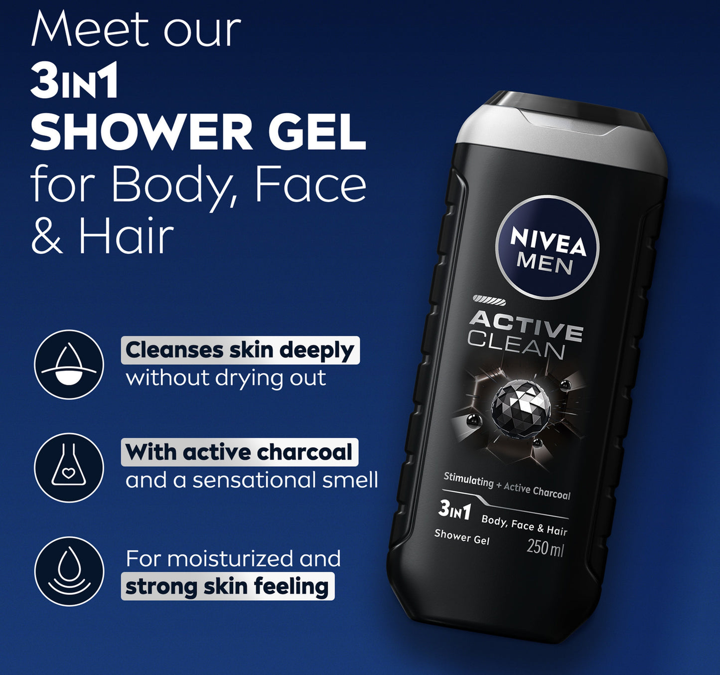 Nivea Men Active Clean 3in1 Shower Gel Cleans Body Face and Hair with Active Charcoal for Purified and Stimulating Skin for All Skin Types 250 ml