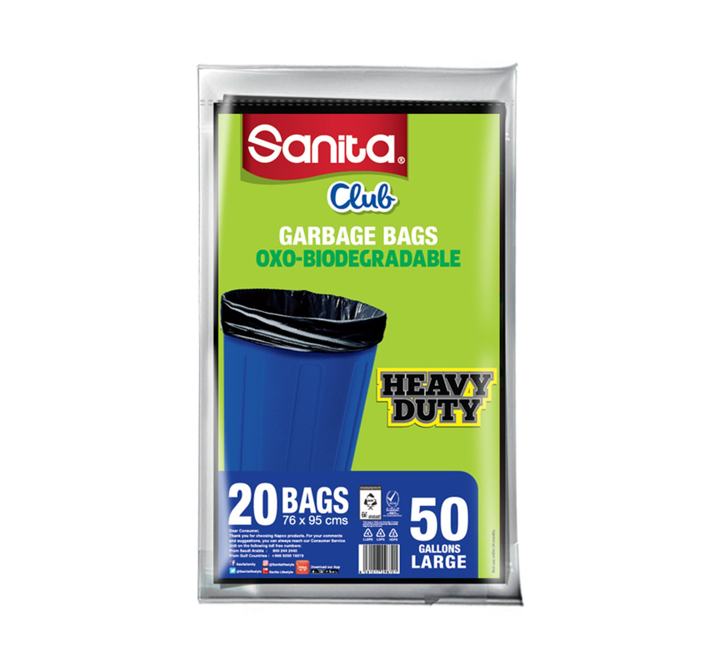 Sanita Club Garbage Bags Oxo-Biodegradable Large 50 Gallons Size 76 x 95cms 20pcs