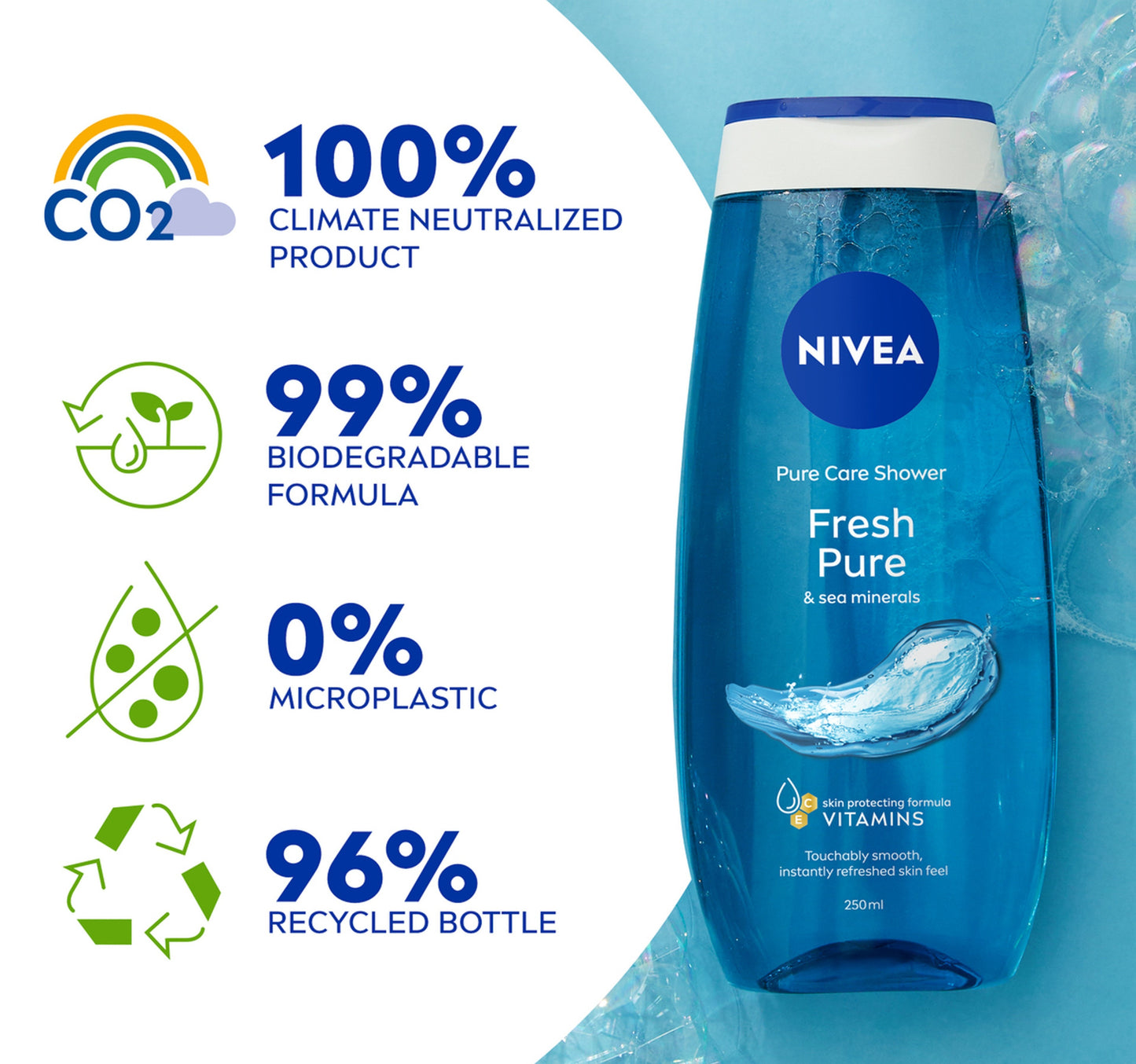 Nivea Fresh Pure Shower Gel Body Wash with Sea Minerals & Aquatic Scent Moisturising Formula 250 ml