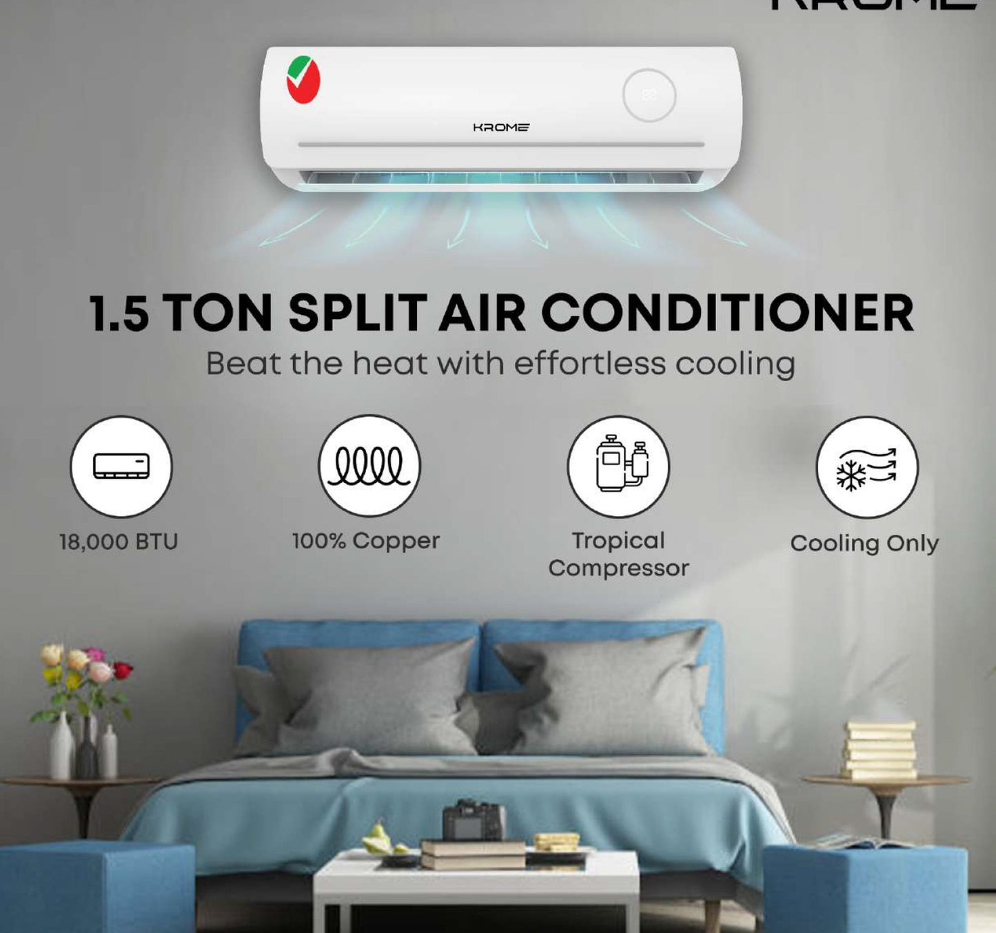 Krome Split Air Conditioner, 1.5 Ton, Rotary Compressor, KR-AR18MT3BH