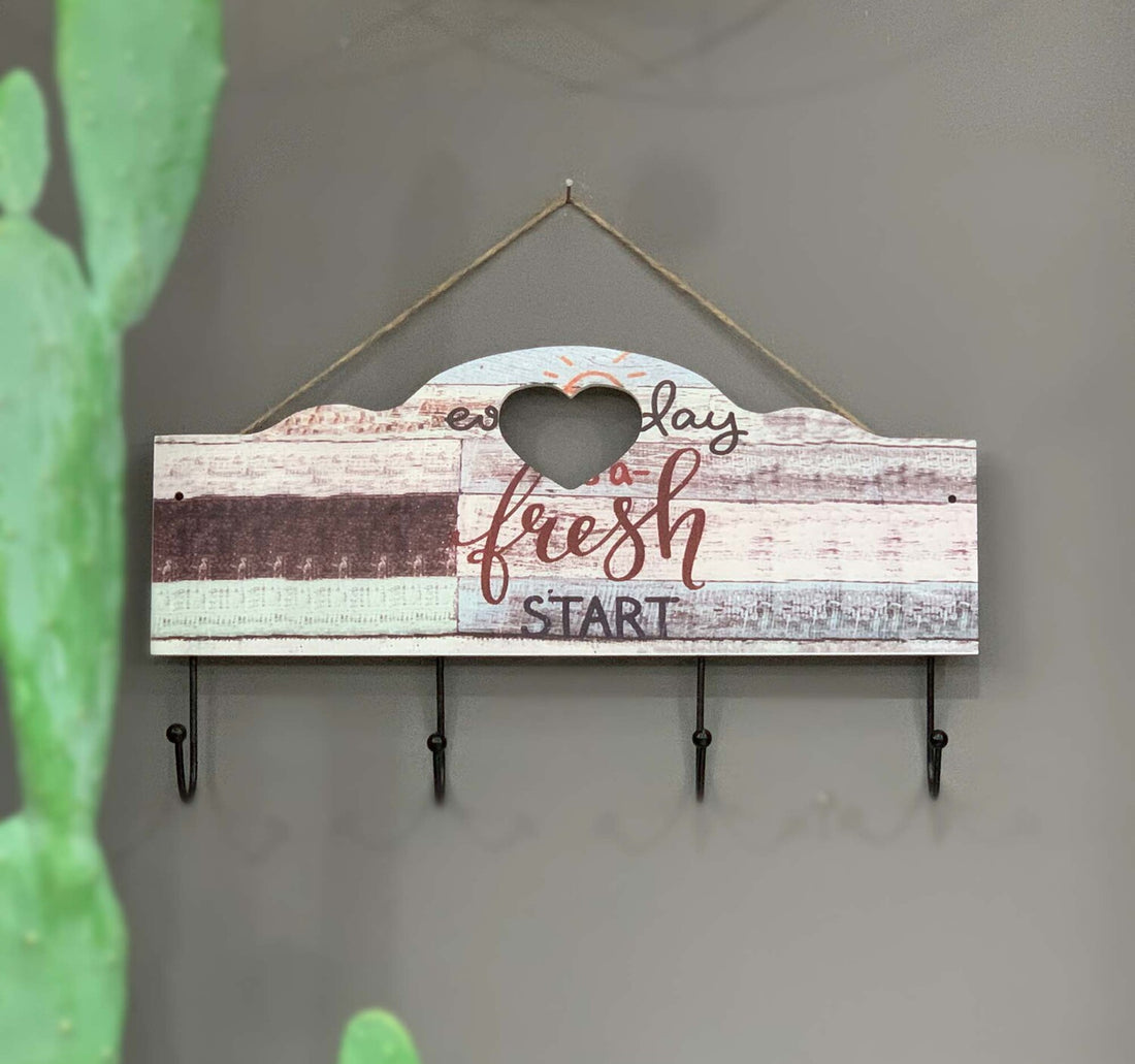 Maple Leaf Multifunction Fresh Start Sign Wooden Wall Hook Hanger With 4 Key Hanging Hooks, 40 x 22.5 x 5cm, 20YX106