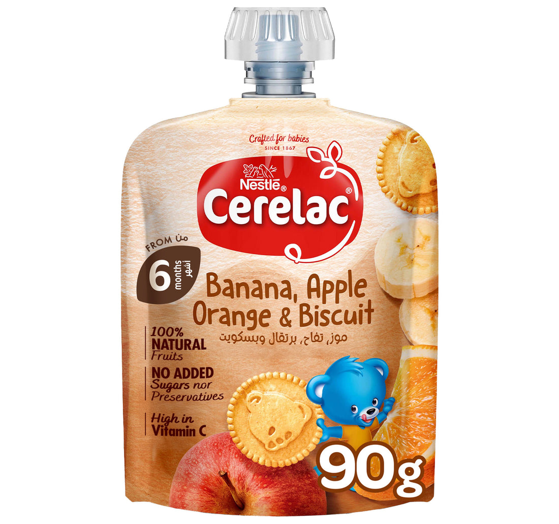 Nestle Cerelac Banana Orange Apple & Biscuit Fruits Puree Pouch Baby Food 90 g