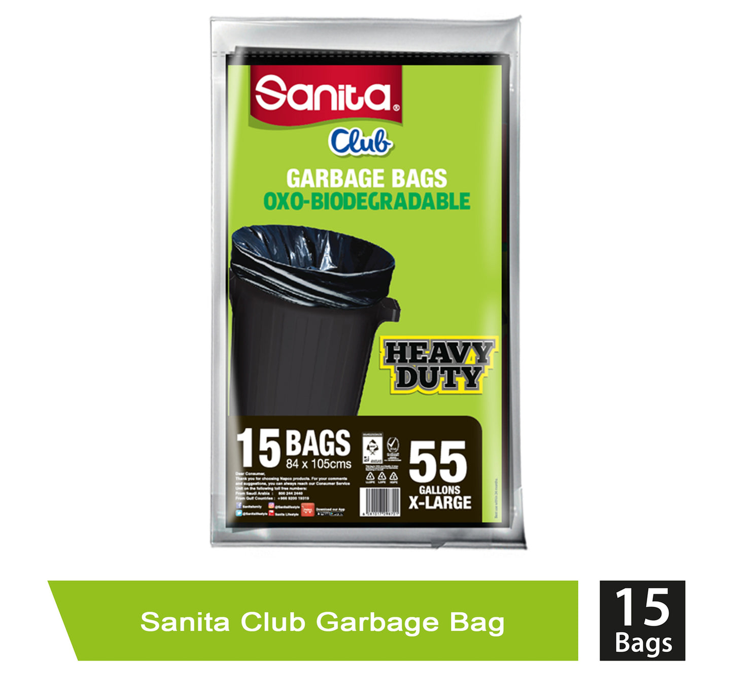 Sanita Club Garbage Bags Oxo-Biodegradable 55 Gallons X-Large Size 84 x 105 cm 15 pcs