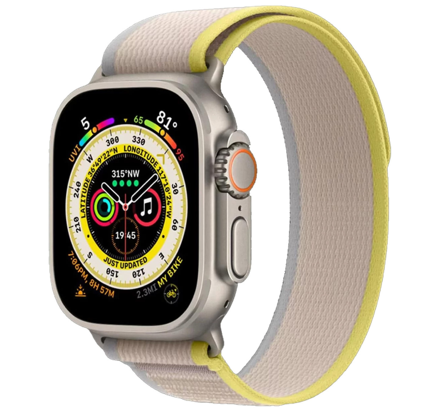Apple Watch Ultra GPS + Cellular 49 mm Smartwatch, Titanium Case with Yellow/Beige Trail Loop (S/M), MNHK3