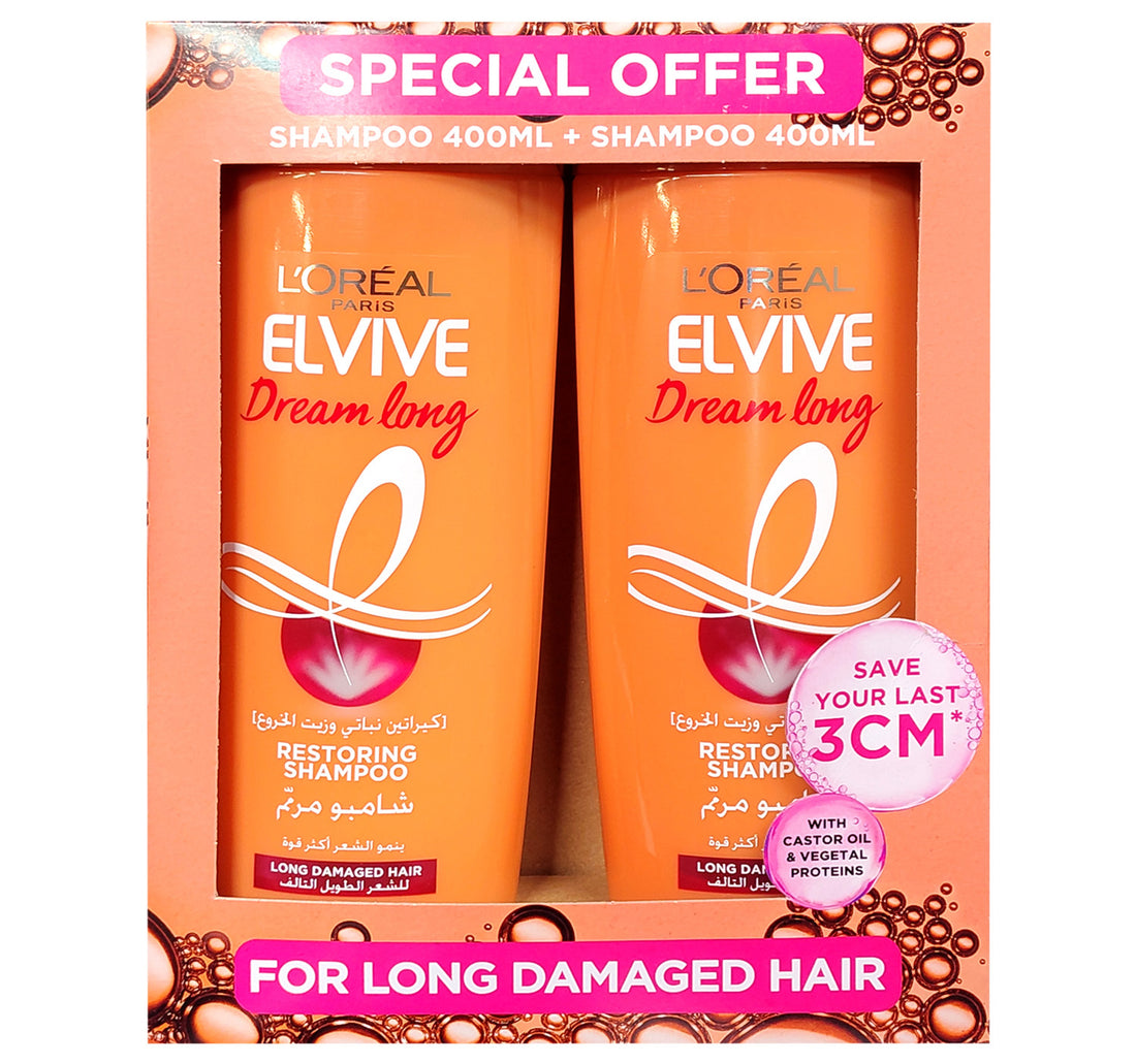 شامبو إلفيف دريم لونج من لوريال باريس لاستعادة الشعر التالف الطويل - عبوة اقتصادية، 2 × 400 مل
