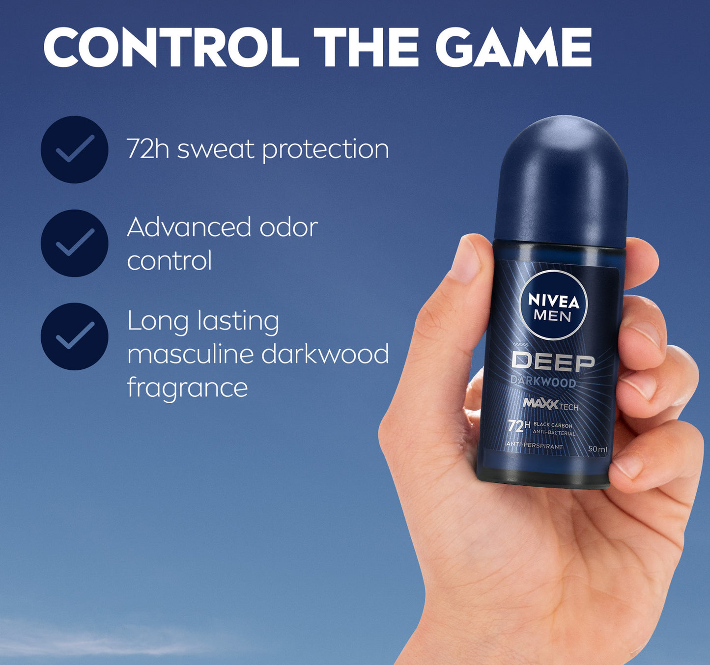 Nivea Men Deep MaxxTech Darkwood Roll-On with Black Carbon 72H Odor & Sweat Protection 50 ml