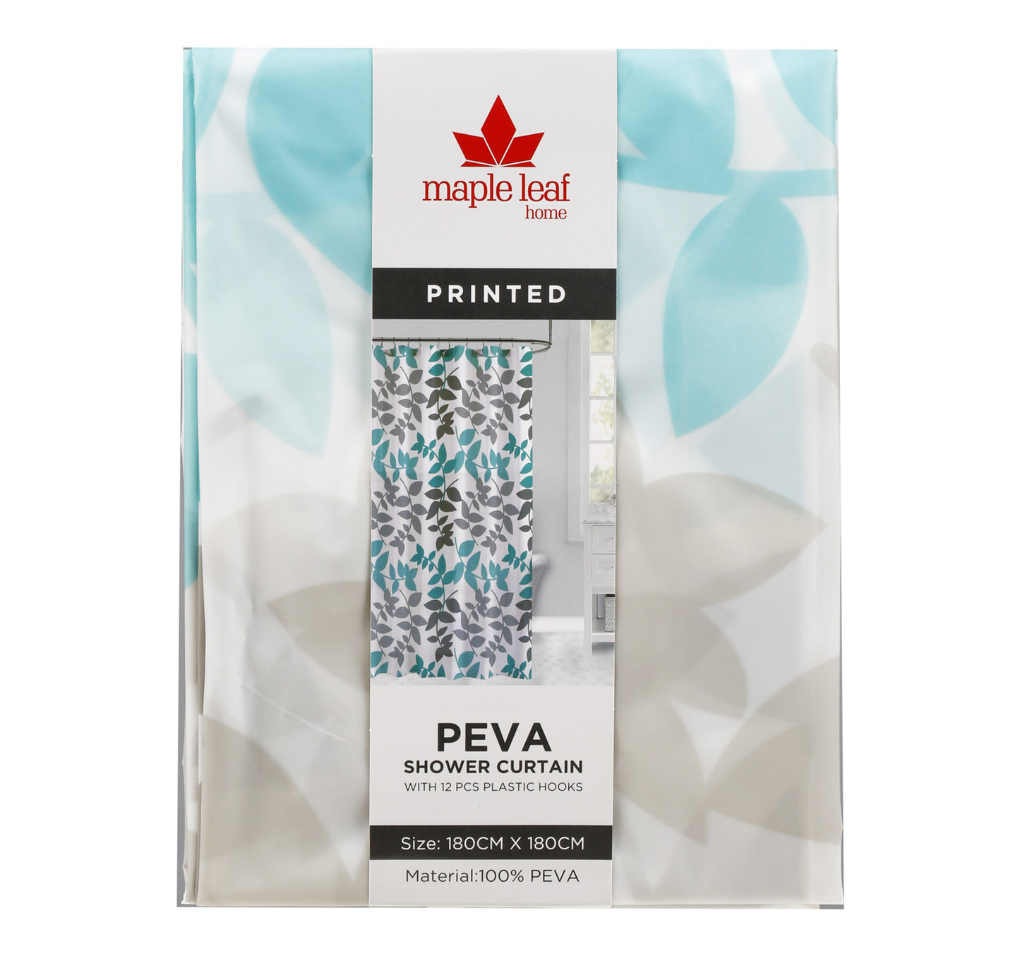 Maple Leaf Home Printed Peva Shower Curtain, 180 x 180 cm, Assorted
