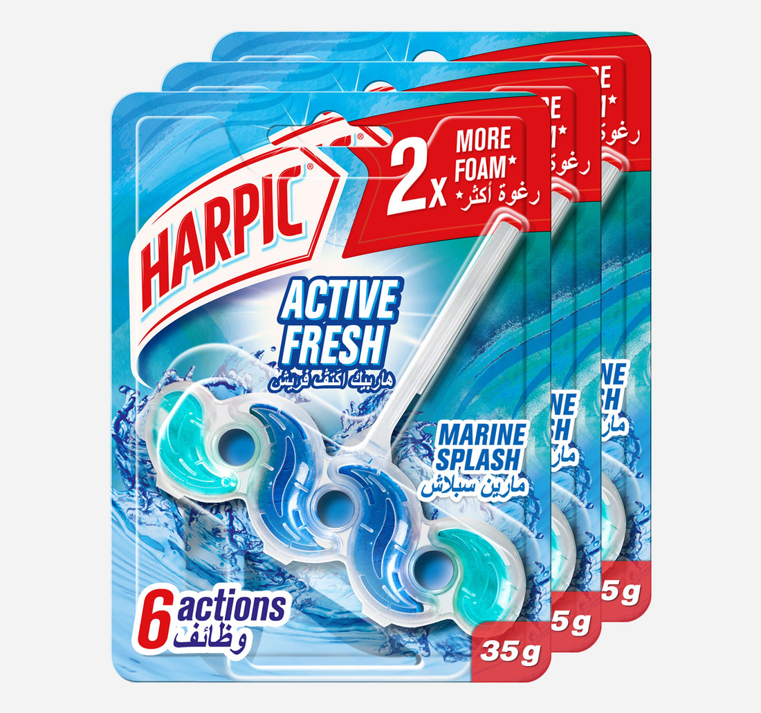 منظف المرحاض هاربيك أكتيف فريش ووتر، برائحة مارين سبلاش، عبوة اقتصادية، 3 × 35 جم