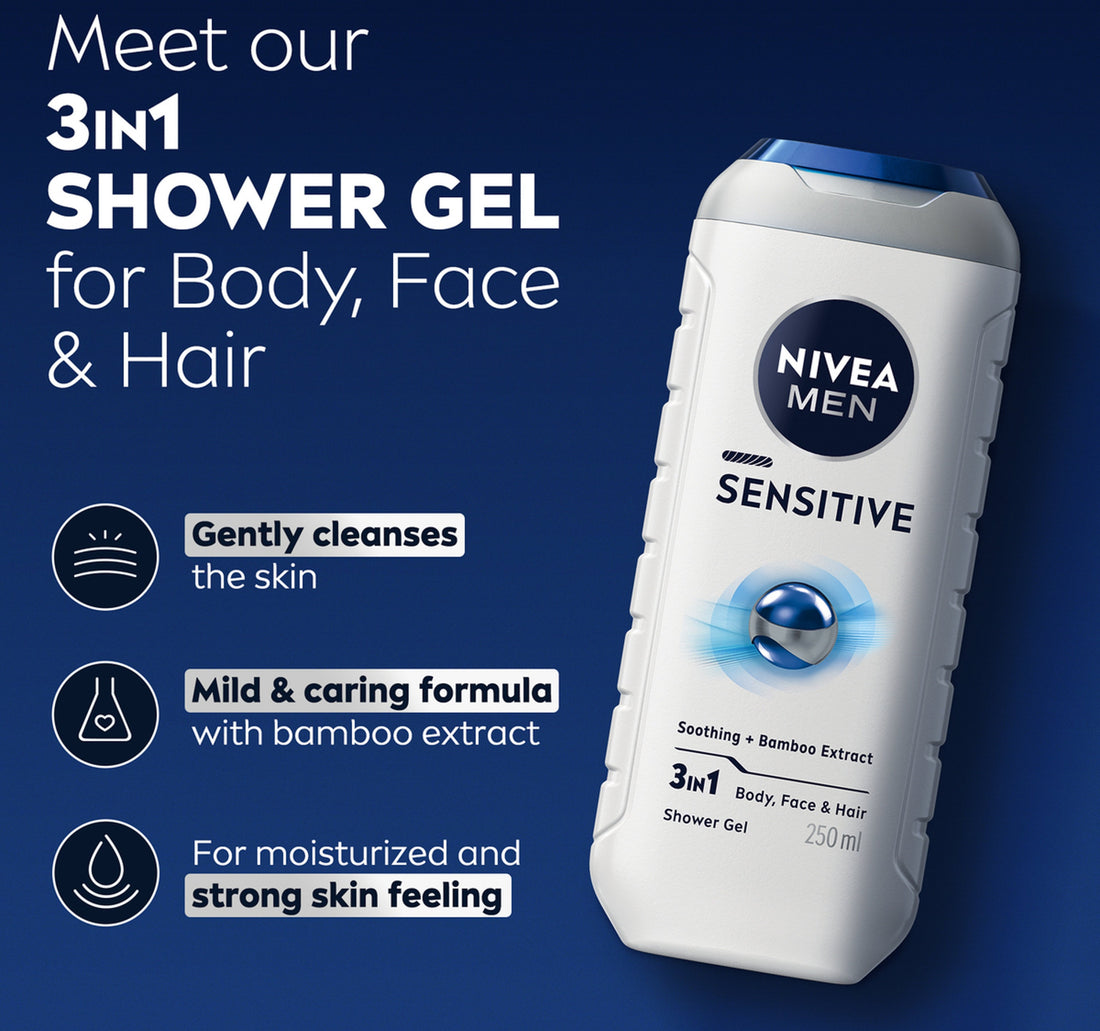 Nivea Men Sensitive Shower Gel 3in1 Body Wash with Bamboo Extract & Masculine Scent 250 ml