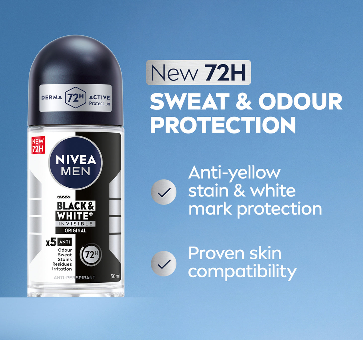 Nivea Men Black & White Invisible Antiperspirant Roll-On Deodorant Original 72H Active Protection 50 ml