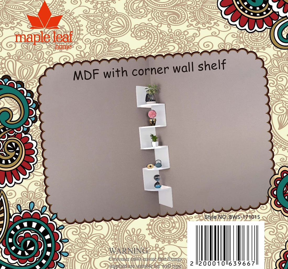 Maple Leaf Home MDF Wood 5 Tier Corner Wall Shelf, White, 1710P