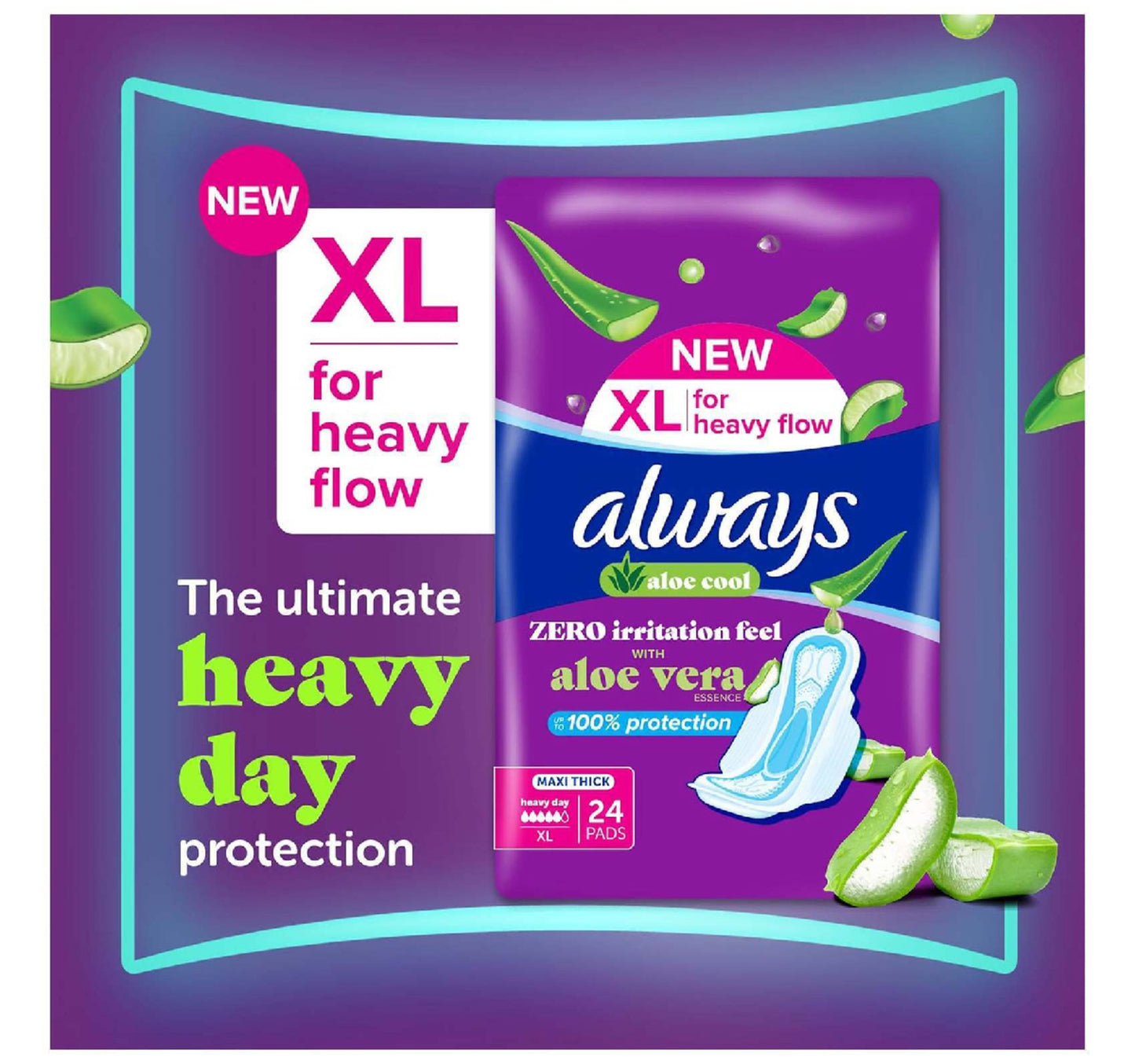 Always Aloe Cool Maxi Thick Sanitary Pads With Aloe Vera Essence XL for Heavy Days 24 pcs
