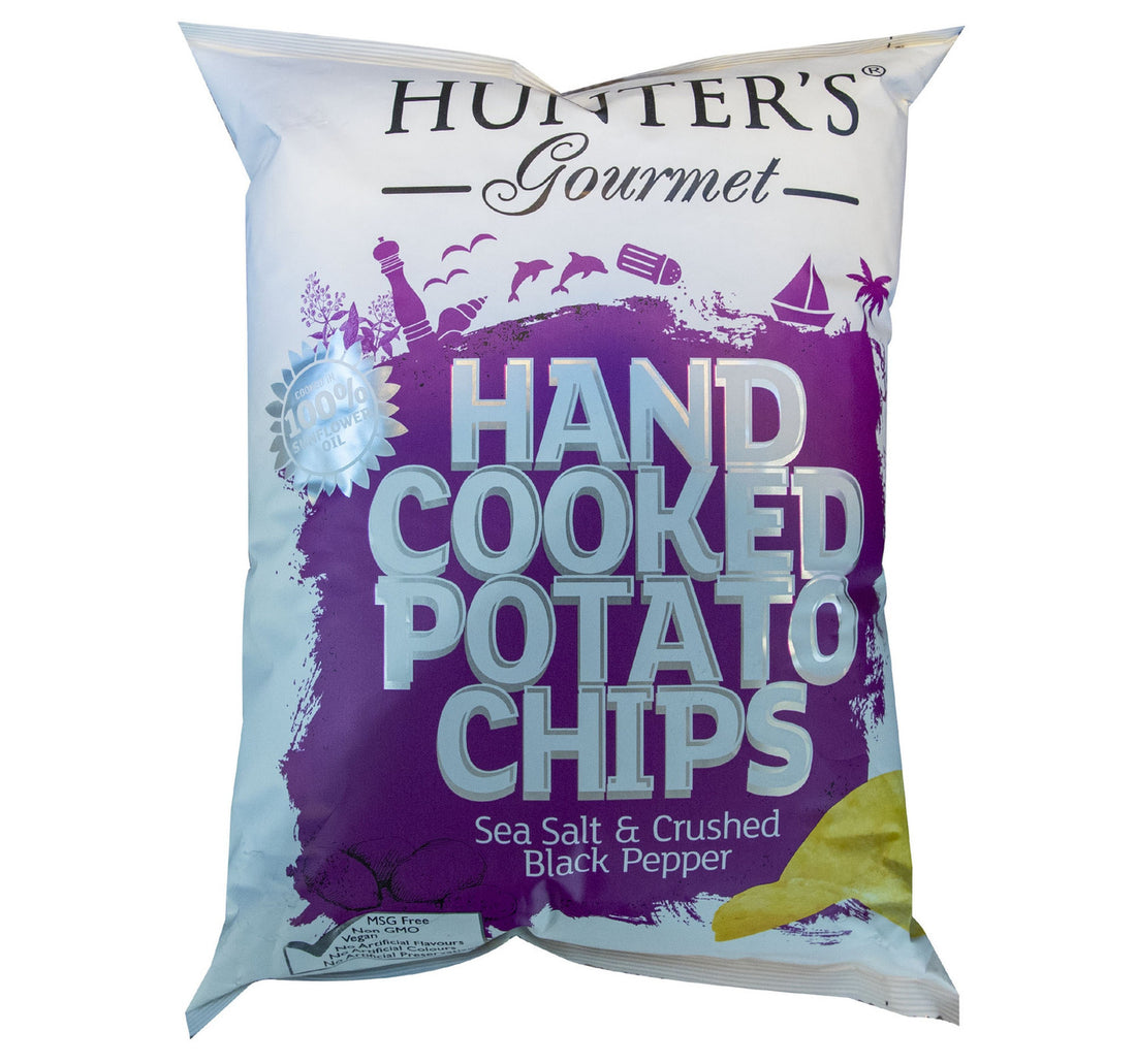 رقائق البطاطس المطبوخة يدويًا من هانترز مع ملح البحر والفلفل الأسود المطحون 125 جم