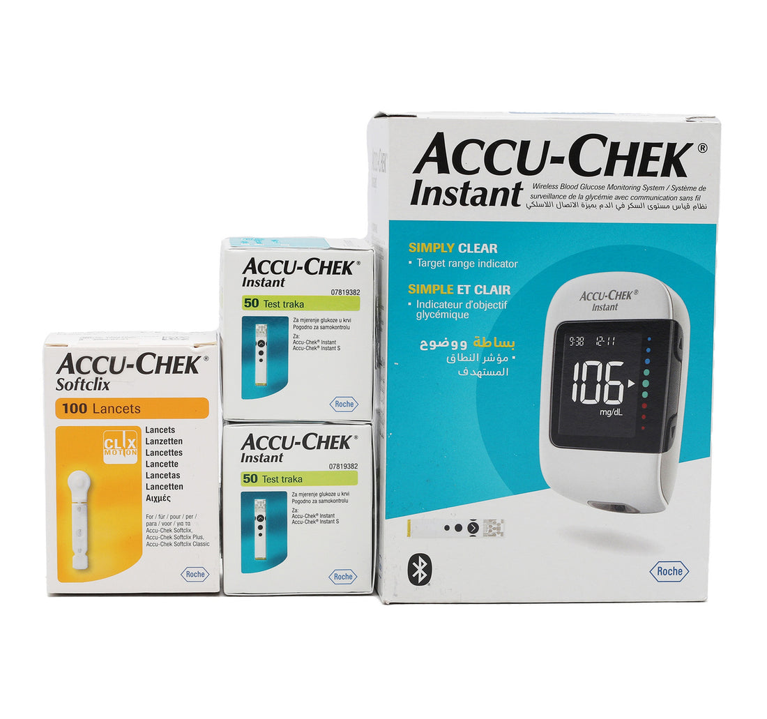 Accu Chek Glucose Monitor Instant + Test Strips 50pcs x 2 + Lancets 100