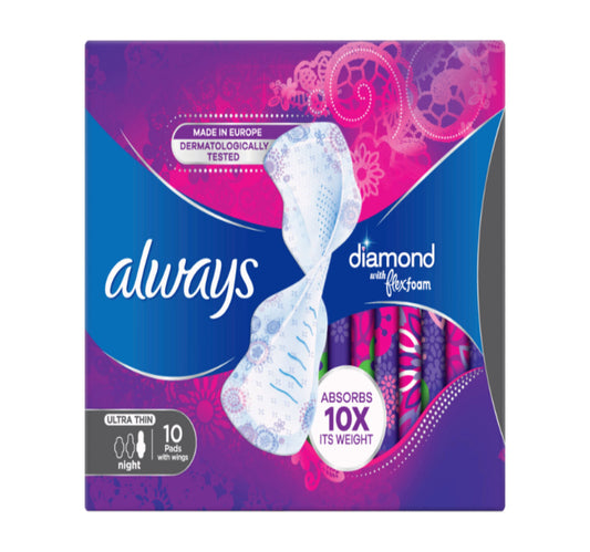 فوط صحية كبيرة الحجم من Always Diamond FlexFoam بأجنحة، 10 قطع