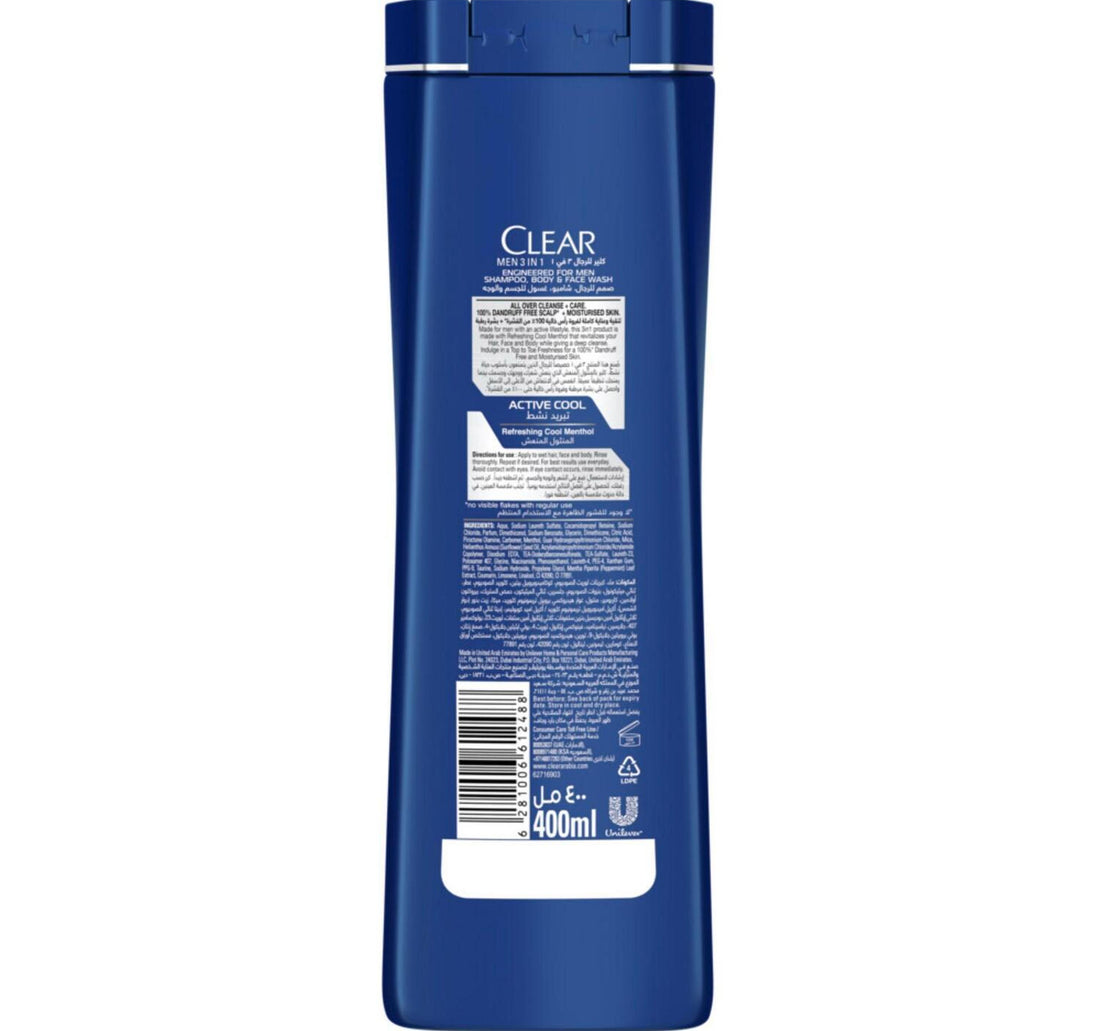 Clear Men 3in1 Active Cool Shampoo Body & Face Wash 400 ml