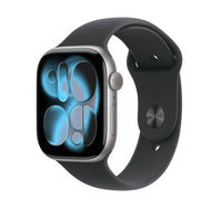 ساعة Apple Watch Series 11 الذكية بنظام تحديد المواقع العالمي (GPS) وشبكة خلوية، مقاس 46 مم، هيكل رمادي فضائي مع سوار رياضي أسود (متوسط/كبير)، MFCA4AF/A